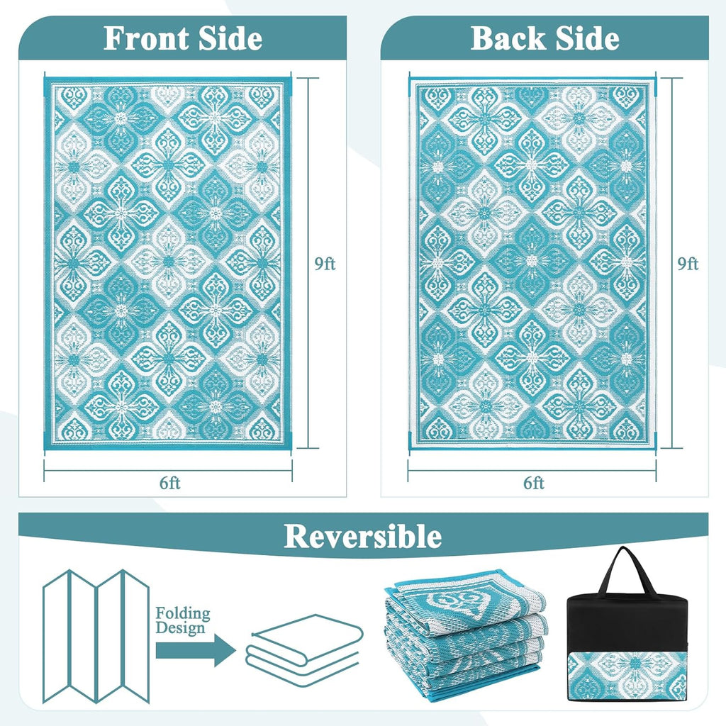 Pauwer Waterproof Outdoor Rug 6x9, Reversible Plastic Straw Patio Camping Rug, Indoor Outdoor RV Mat Carpet for Deck, Camper, Porch, Balcony, Backyard, Picnic, Clover Teal