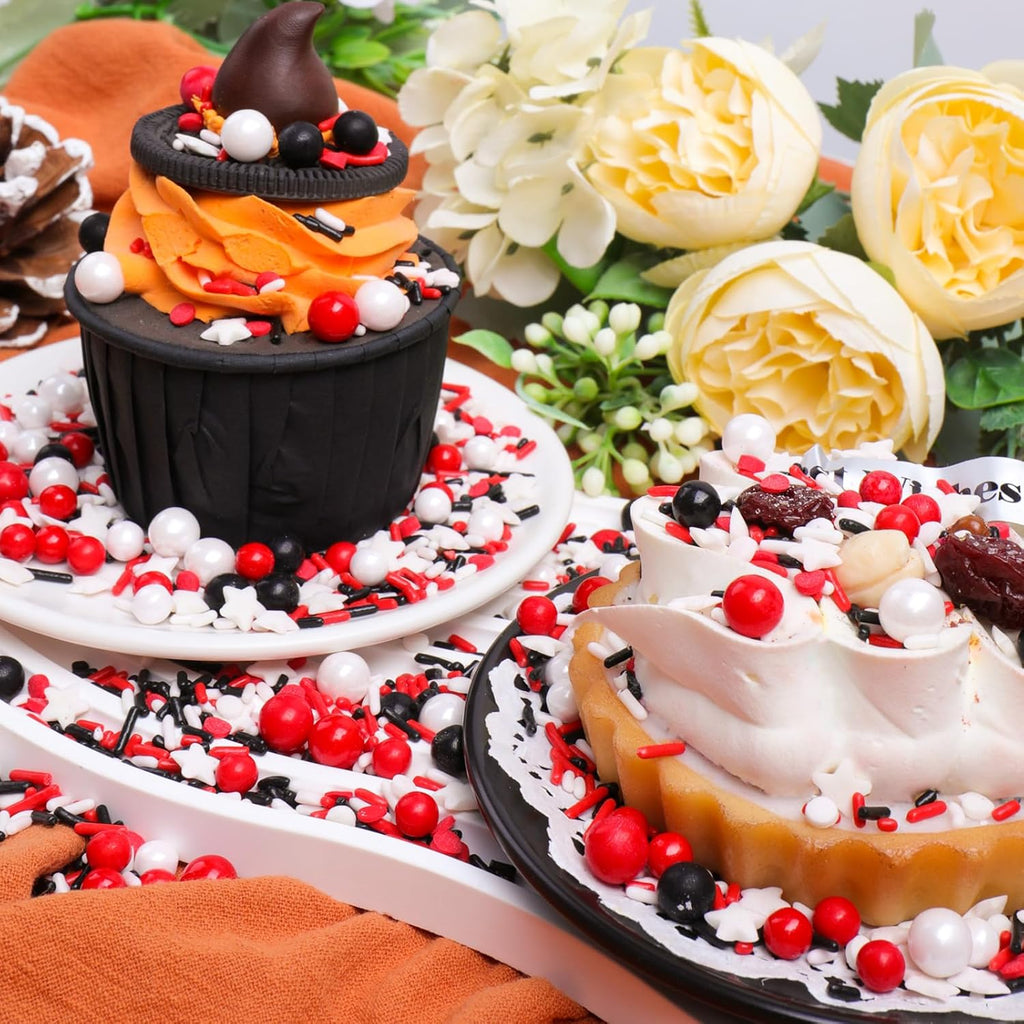 Red White and Black Sprinkles for Cake Decorating, Edible Sprinkle Mix, Perfect for Cake Decorations, Baking, Ice Cream, Cookies, Cupcake Toppers