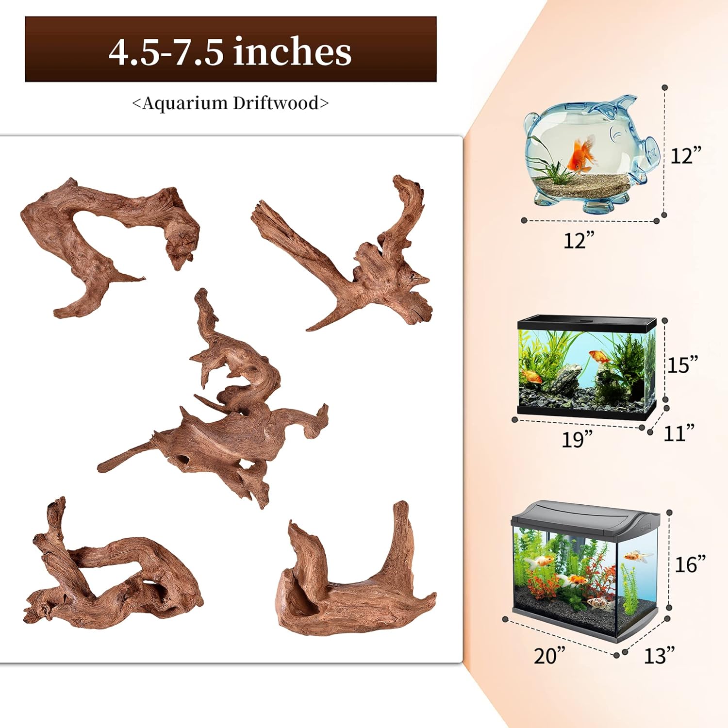 majoywoo Natural Small Coral Driftwood for Aquarium Decor Fish Tank Decorations, Assorted Driftwood Branch 4.5-7.5" 5 Pcs, Reptile Decor