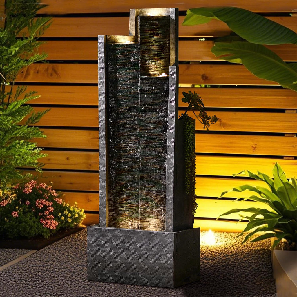 49.6" H Garden Fountains Outdoor Modern Cascading Indoor Water Fountain Tall Floor - Standing Fountain with Lights for Garden, Patio, Yard, Deck and Home Art Decor