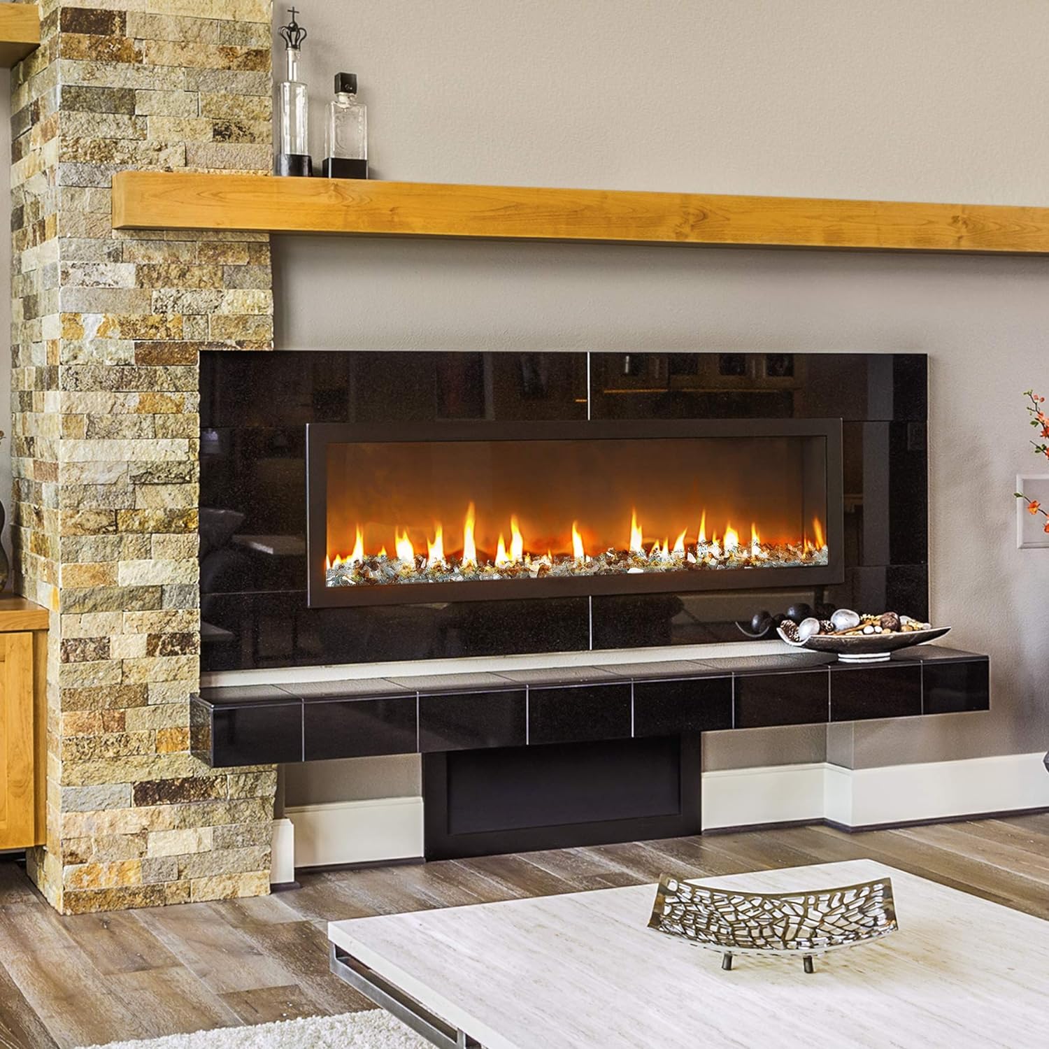 Mr. Fireglass 10 Pounds Blended Reflective Fire Glass for Fire Pit Fireplace and Landscaping, 1/2 Inch Mixed Colored High Luster Fireglass Rocks for Outdoor ＆ Indoor Use Aqua Blue+Copper+Platinum