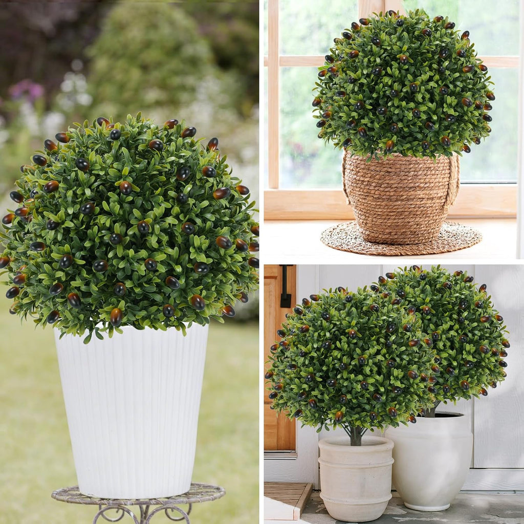 Artificial olive Topiary Ball Tree 24" with Ground Spike, Set of 2 Artificial Boxwood Bushes for Faux Shrubs, Fake Evergreen Faux Plant for Indoor Outdoor Porch Garden -UV Resistant–Fade-Proof