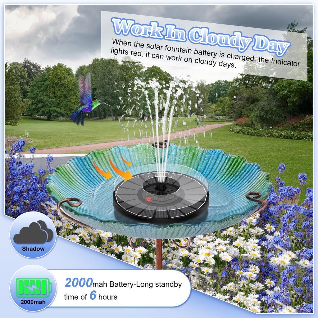Solar Fountain with Innovative Battery Indicator & 2000mAh, 3.5W 2025 Glass Solar Water Fountain Pump Works in Cloudy Day for Bird Baths, Gardens, Ponds, Pools, Indoors, Outdoors & Flower Pots