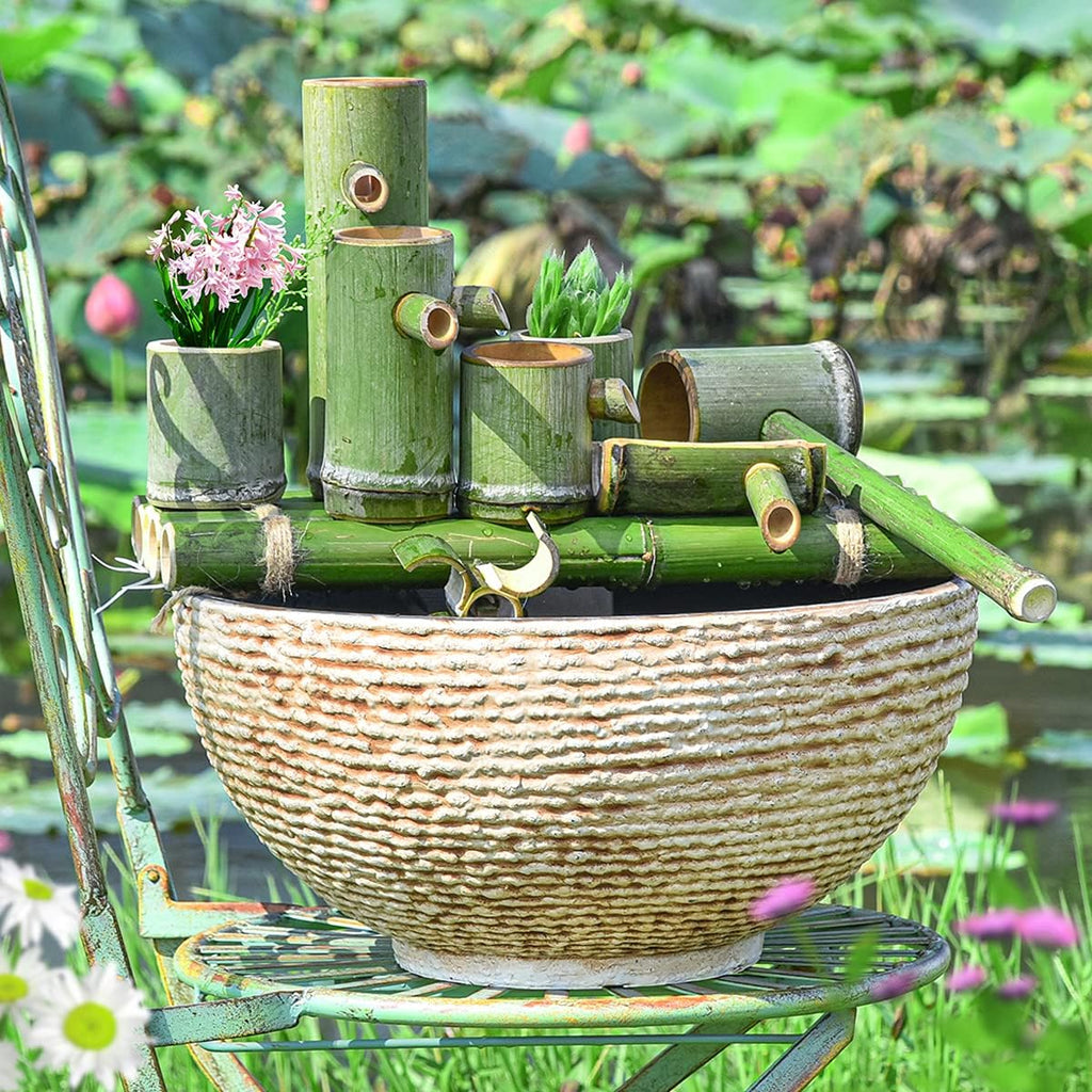 Sungmor Large Garden Bowl Planter Water Plant Pot, Miniature Landscaping Succulent Planter, 15.6 Inch Marble Texture Water Lily Pots, Small Fountain Base Mini Fish Pond Bird Bath