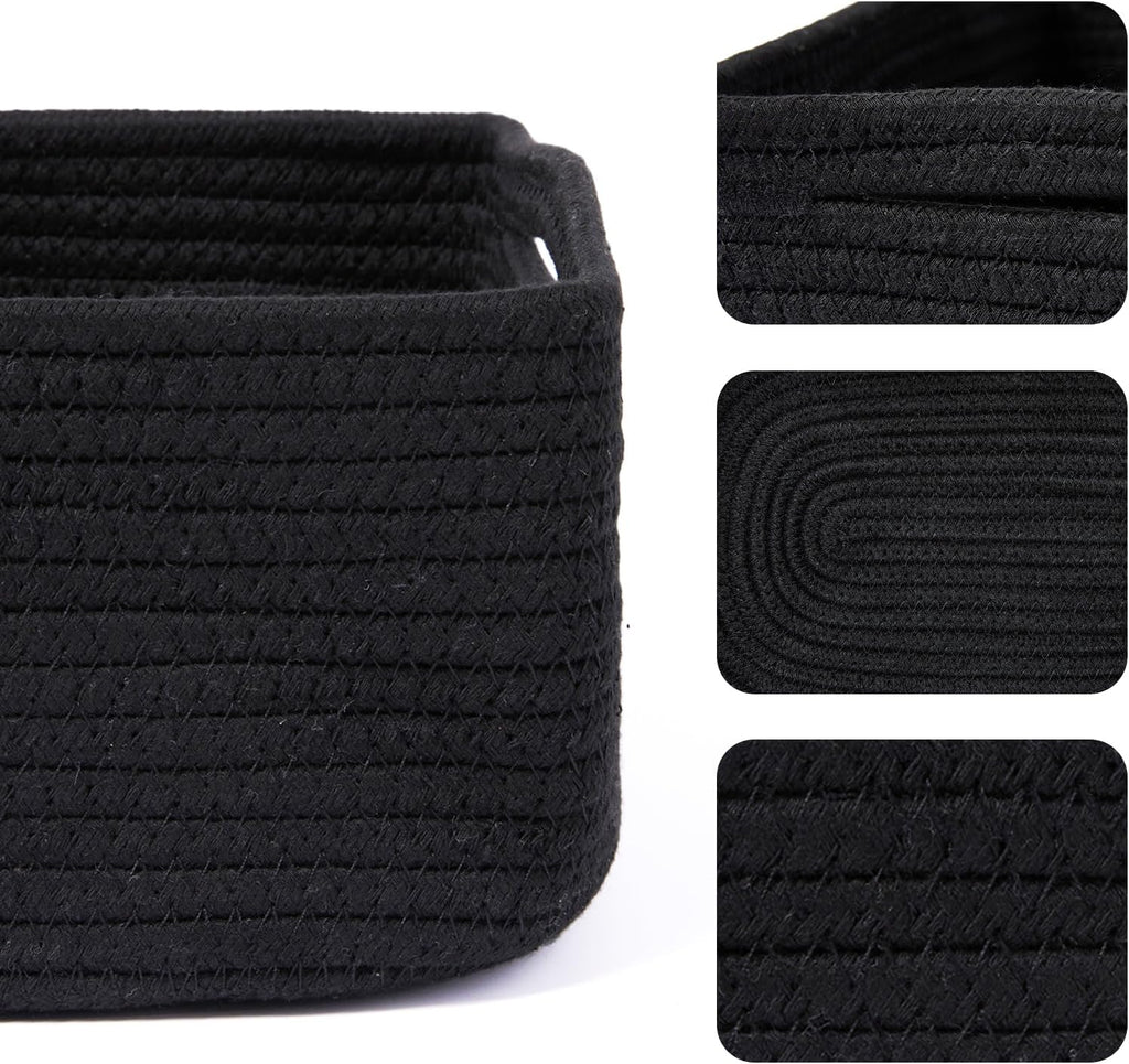 Small Storage Baskets for Organizing | Closet Organizer Bins | Shelf Toy Basket | Woven Rope Baskets | Cube Decorative Box | Shallow Basket | 13x8.5x5.1” | 4 Packs Black