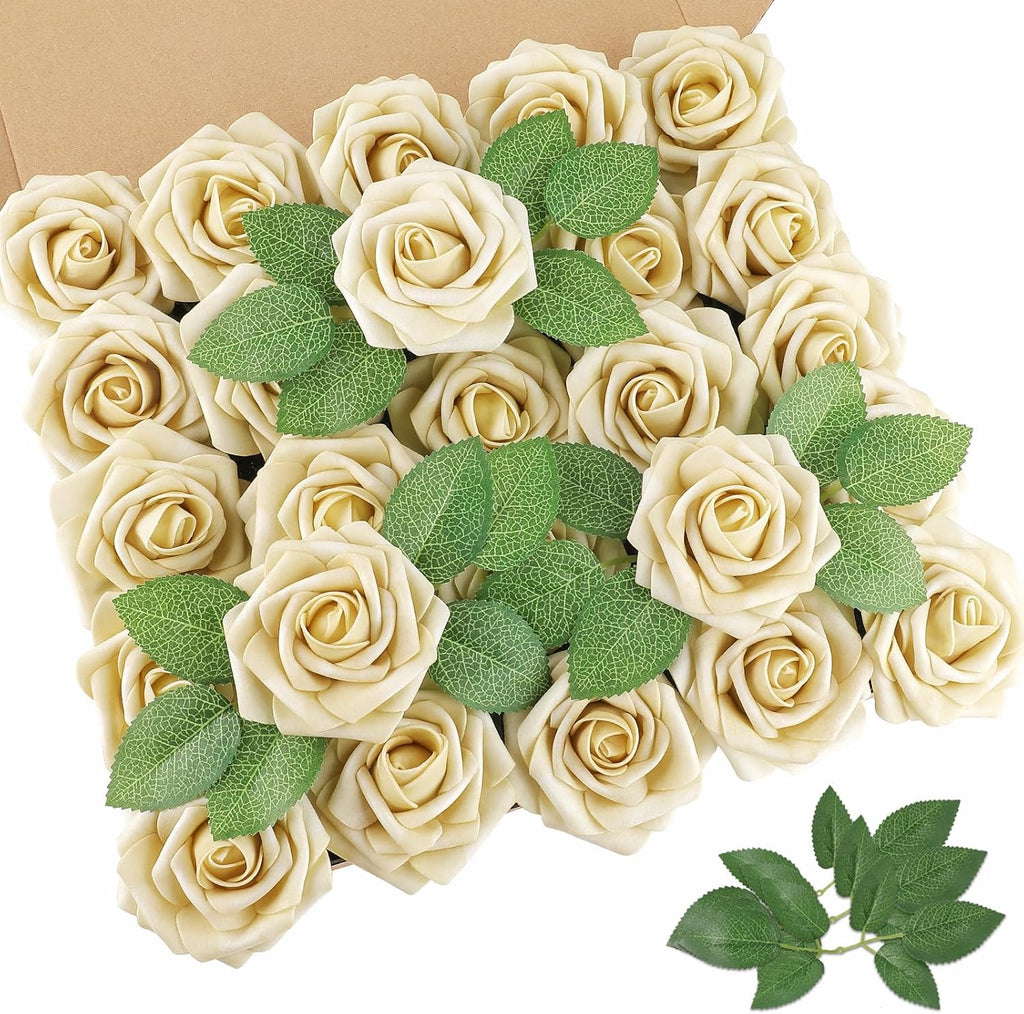 AmyHomie 25pcs Real Looking Artificial Beige Roses w/Stem for DIY Wedding Bouquets Centerpieces Arrangements Party Baby Shower Home Decorations
