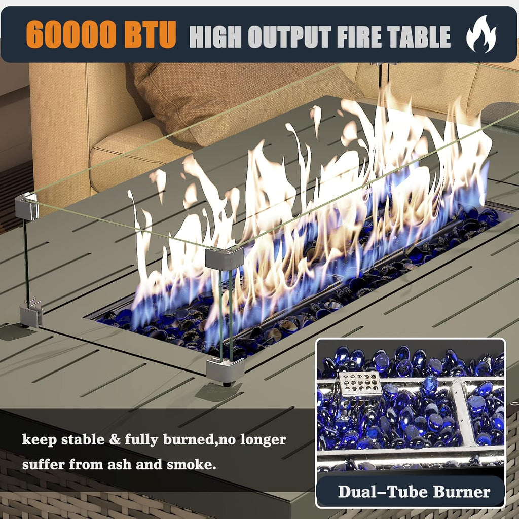 44 Inch Propane Gas Fire Pits Table for Outside Patio, 60000 BTU Rectangular Outdoor Wicker Rattan Fire Pit with Glass Wind Guard