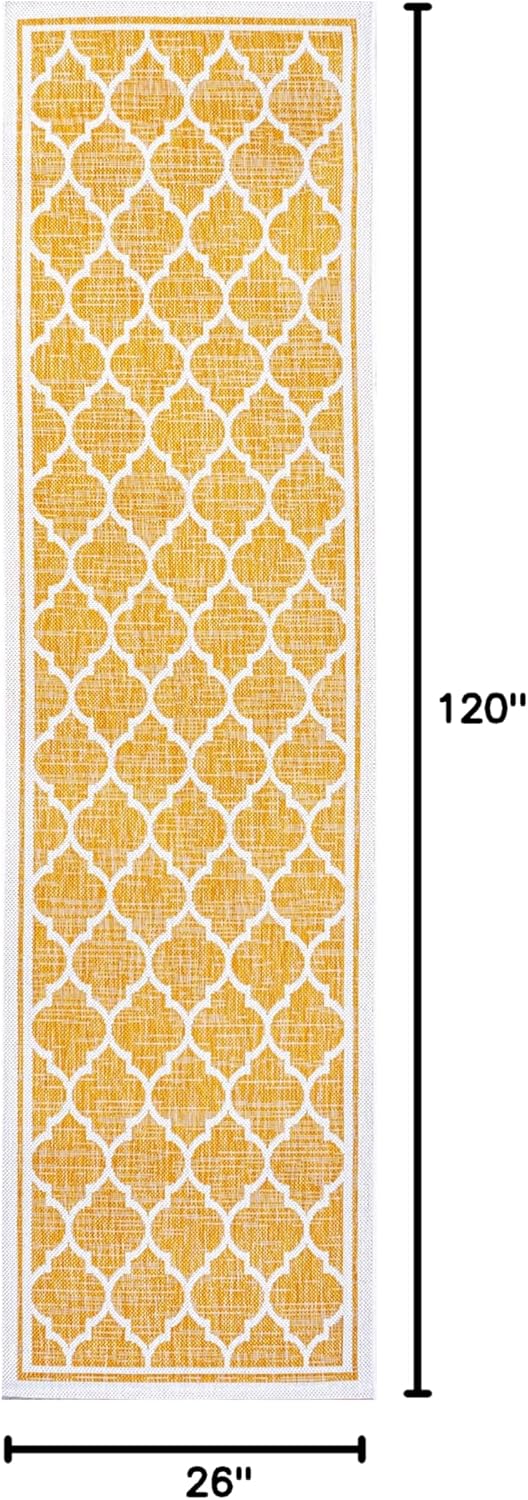 Eyely BMS109F-210 Santa Monica Trebol Moroccan Trellis Textured Weave Indoor/Outdoor Runner Rug Coastal;Bohemian, Bedroom, Backyard, Patio, Easy-Cleaning, Non-Shedding, 2 X 10, Yellow/Cream