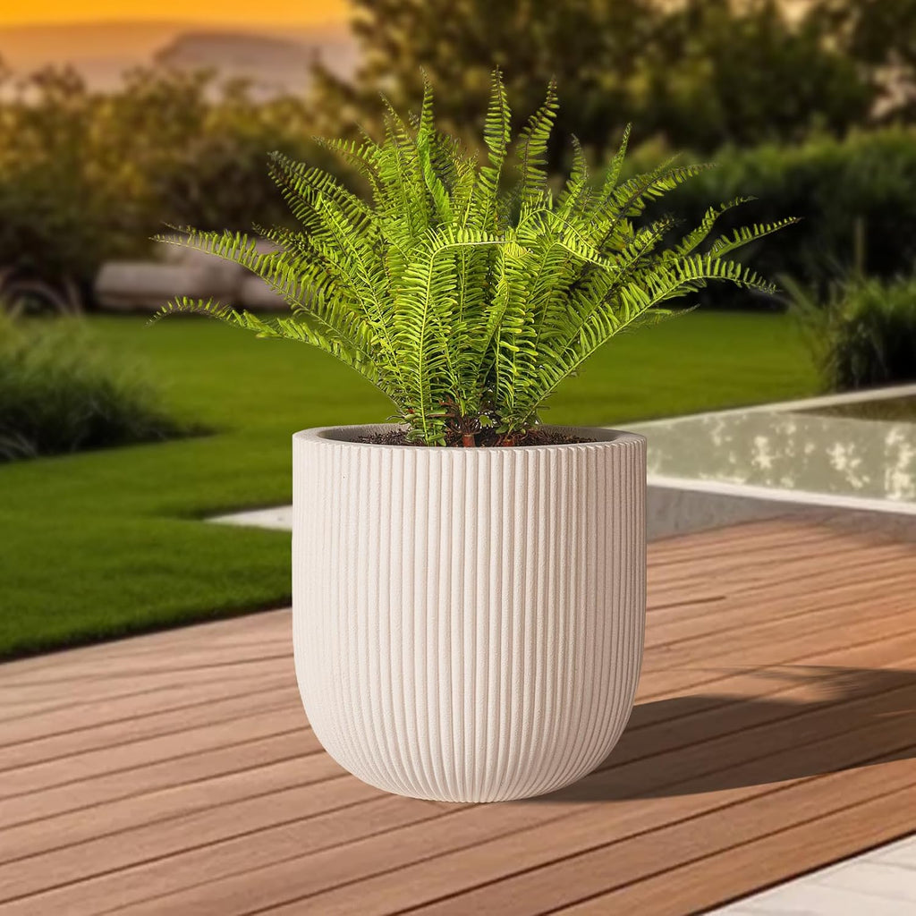 16 Inch Handmade Concrete Outdoor Planter - Classic Striped Design | Fiberglass & Composite Material | Durable for Commercial & Home Decor