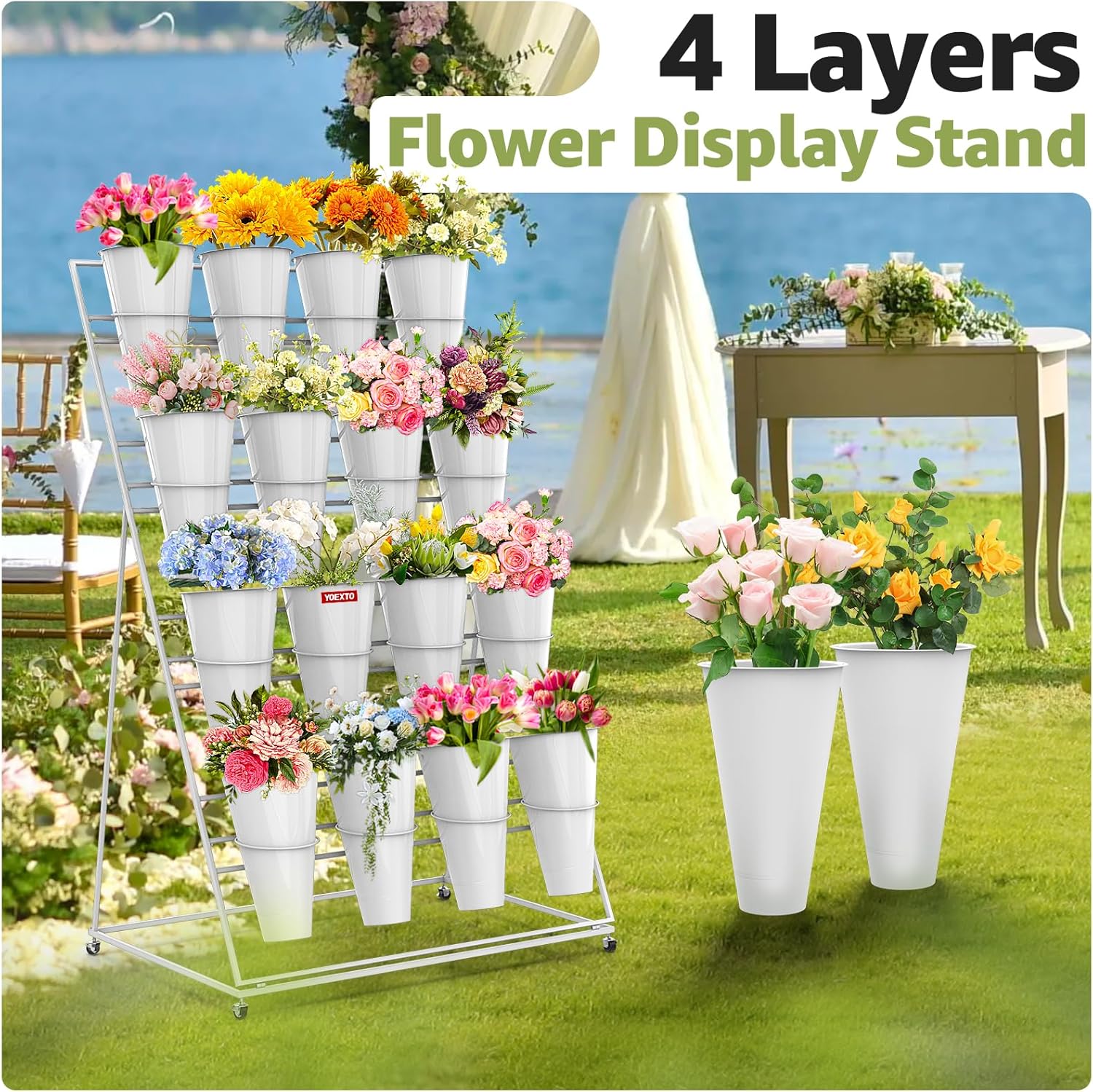 Flower Display Stand 4 Layers with 16 PCS Round Buckets, Plant Stand with Wheels, Movable Metal Plant Stand for Terrace Garden, Florist Shop
