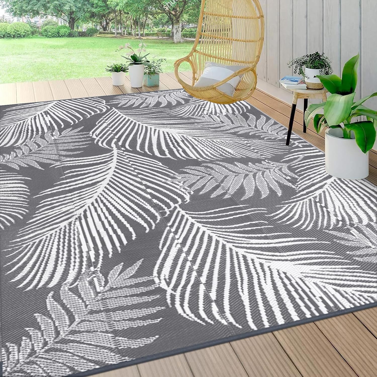 Pauwer Waterproof Outdoor Rug 9x12, Reversible Plastic Straw Patio Camping Rug, Indoor Outdoor RV Mat Carpet for Deck, Camper, Porch, Balcony, Backyard, Picnic, Leaf Grey