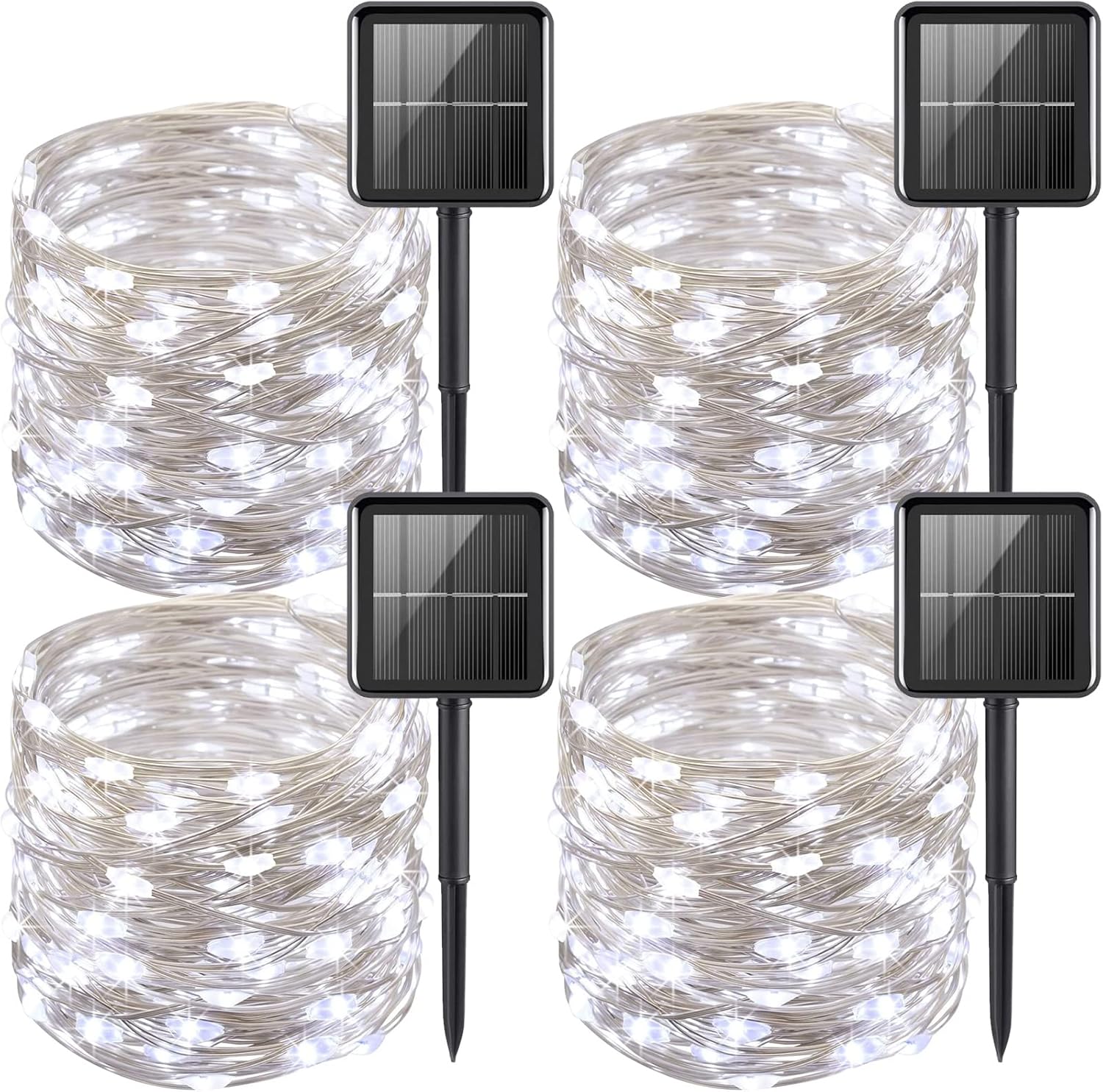 YEGUO White Solar Fairy Lights Outdoor Waterproof, 4 Pack Each 33ft 100 LED String Light, 8 Modes Silver Wire Twinkle Lights