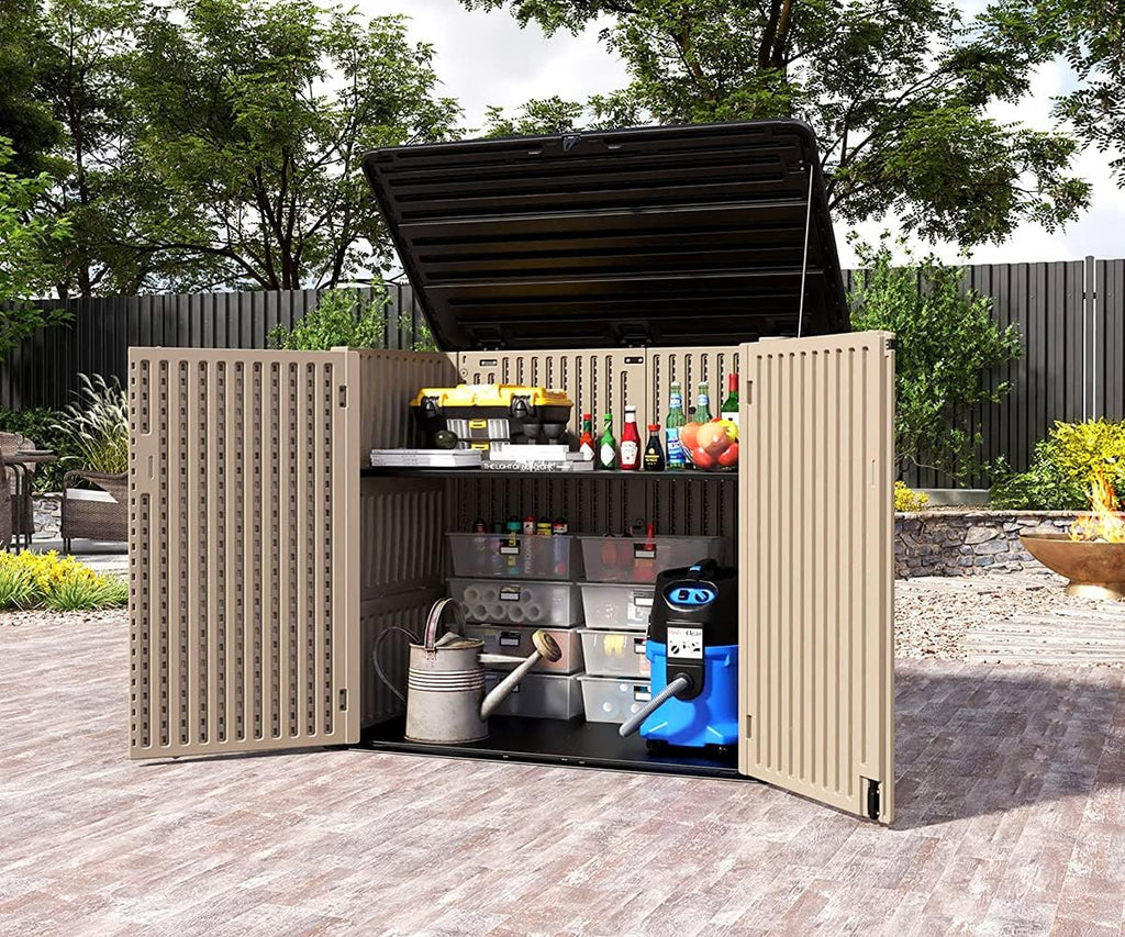 HOMSPARK Storage Shed Weather Resistance, Multi-Purpose Outdoor Storage Cabinet for Backyards and Patios, Horizontal Storage Shed for Lawnmower, Patio Accessories (Coffee, X Large - 48 cu.ft)