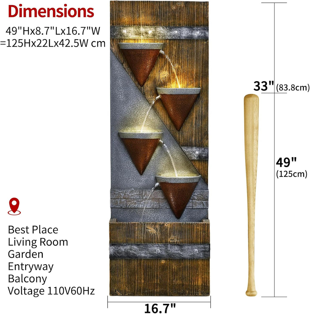 49.21" Outdoor Garden Water Fountain with Lights Floor-Standing 4 Tiers Cascading Large Waterfall Fountain for Patio, Backyard, Deck, Porch and Home Art Decor