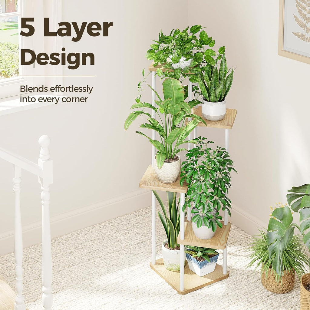 Bamworld White Plant Stand Indoor 5 Tier Plant Shelf for Multiple Plants Corner Flower Stand Metal Wood Plant Table for Patio Garden Balcony Living Room Bedroom