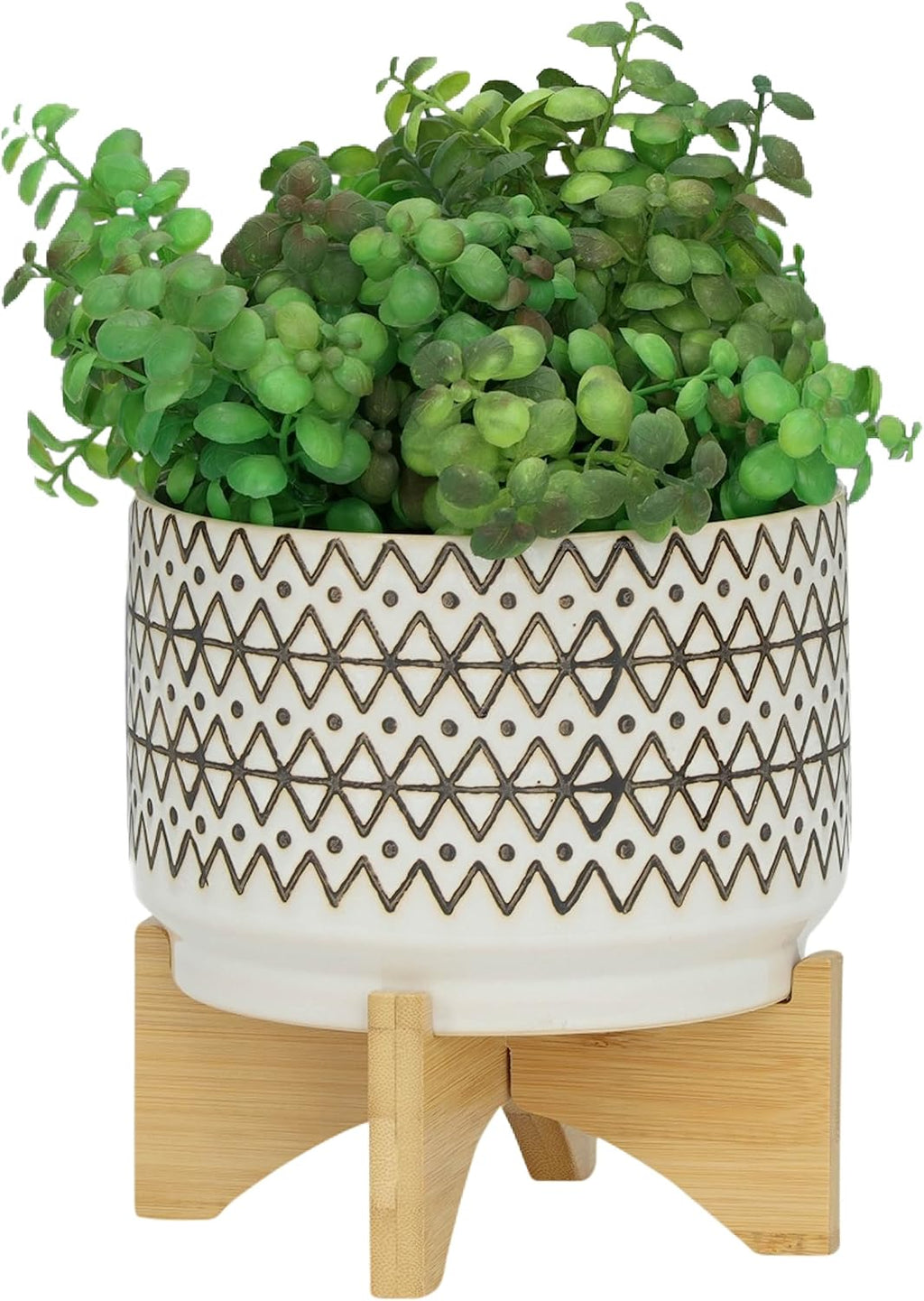 Sagebrook Home Ceramic Planter with Stand - Decorative Stoneware Pot with Wood Base - Modern Boho Indoor/Outdoor Plant Holder for Home & Garden - 8" Ivory & Tan