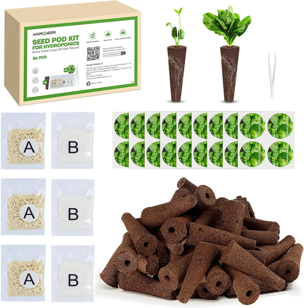 Ahopegarden 86PCS Hydroponic Pods Kit: Compatible with Aerogarden, iDOO, Most Brand Hydroponics Growing System, Indoor herb Garden Supplies Includes Grow Sponges, Labels, A&B Plant Food, Tweezer