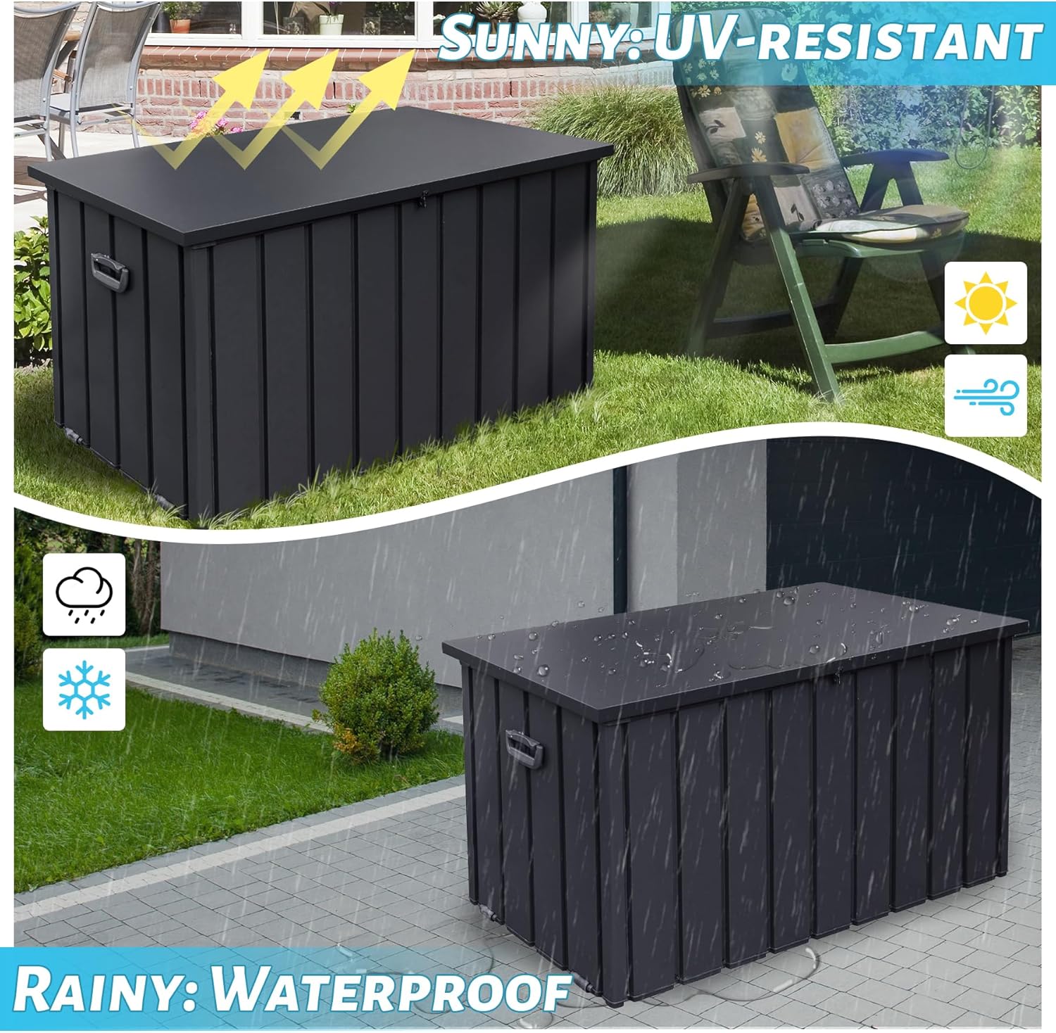 100 Gallon Metal Outdoor Storage Box, Waterproof Steel Deck Box, Large Patio Furniture Storage Cabinet, Lockable Storage Bench for Porch Package Delivery, Cushions, Pool, Tools- Dark Grey