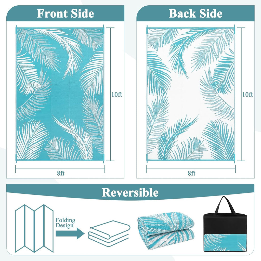 Pauwer Waterproof Outdoor Rug 8x10, Reversible Plastic Straw Patio Camping Rug, Indoor Outdoor RV Mat Carpet for Deck, Camper, Porch, Balcony, Backyard, Picnic, Leaf Teal