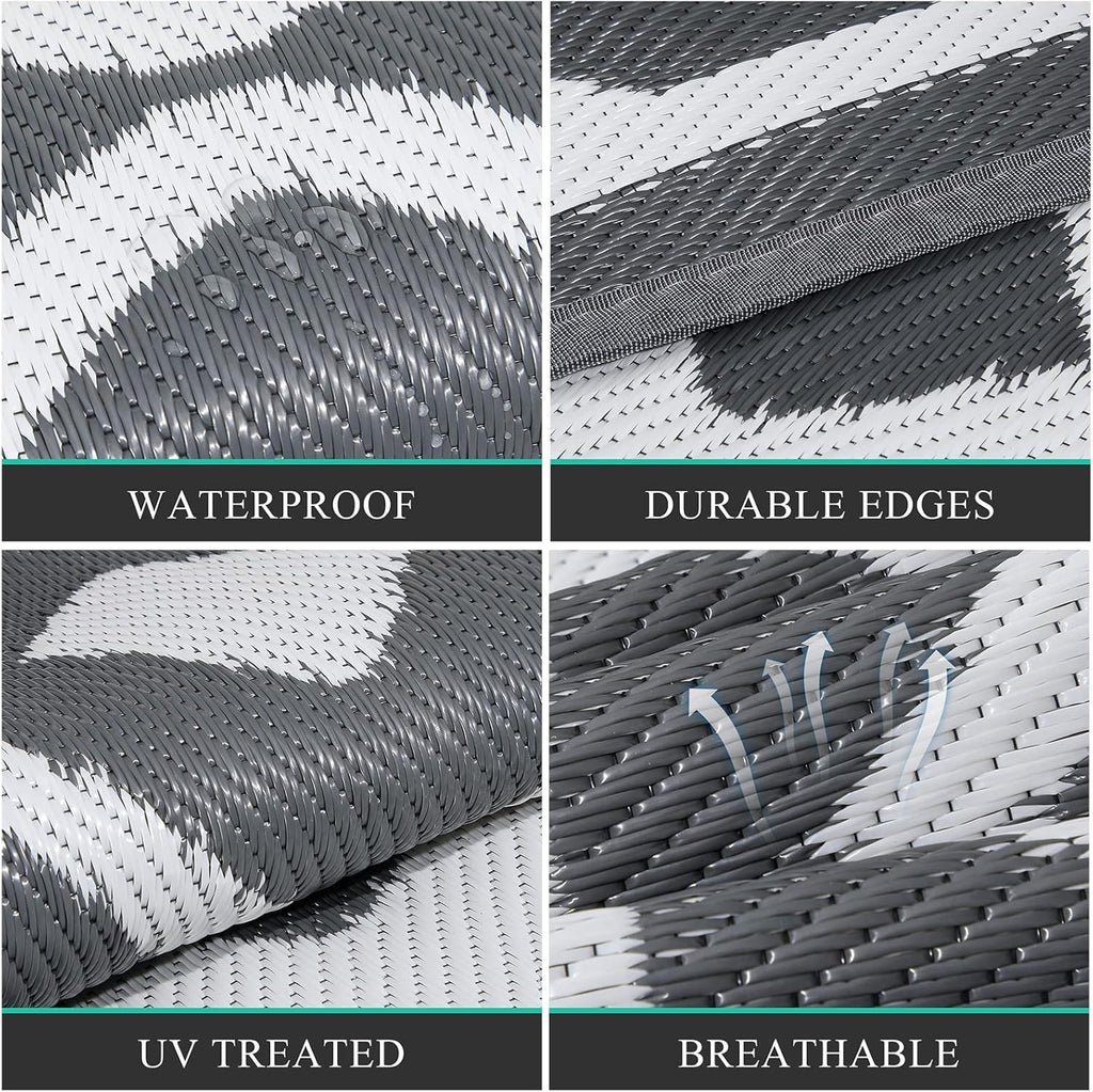 Pauwer Waterproof Outdoor Rug 8x10, Reversible Plastic Straw Patio Camping Rug, Indoor Outdoor RV Mat Carpet for Deck, Camper, Porch, Balcony, Backyard, Picnic, Geometric Grey
