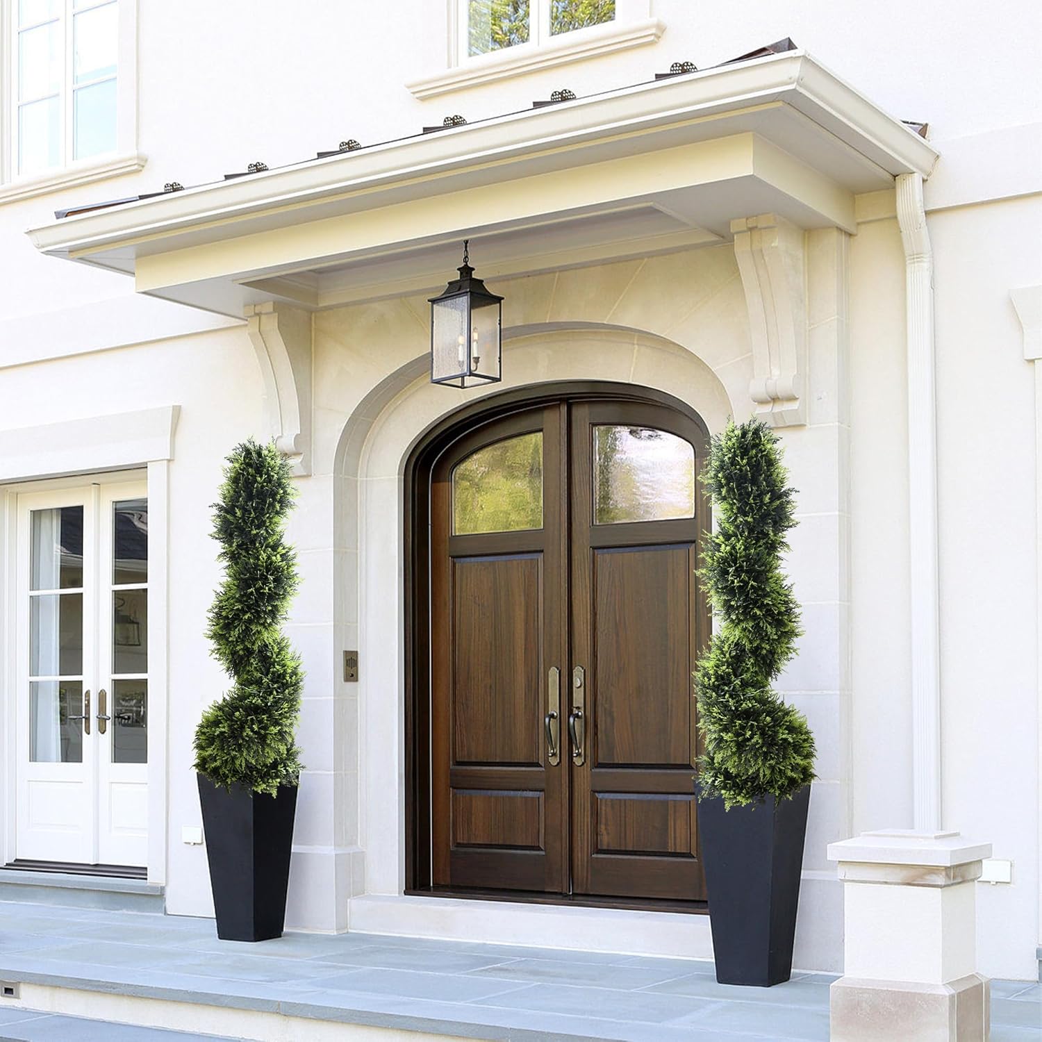 39 inchBoxwood Artificial Cedar Spiral Topiary Trees – Decorative Fake Greenery in Planter Pots for Front Porch, Outdoor Walkway, Entryway Decorating, Set of 2