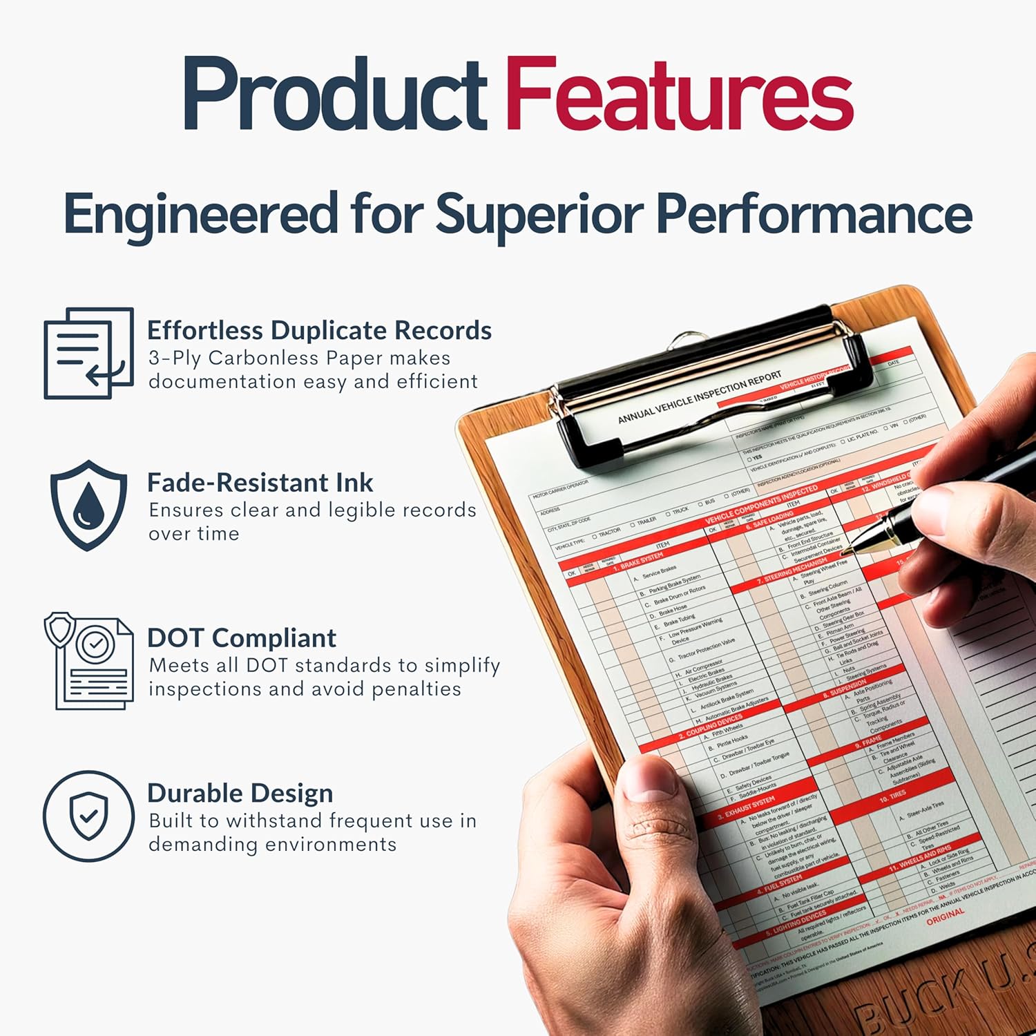 10 Pack 3-Ply Carbonless Annual Vehicle Inspection Report Forms with FMCSA Red Aluminum Adhesive Labels, DOT Inspection Forms and Stickers, Shrink-Wrapped, 8.5" x 11.75" - Made in USA