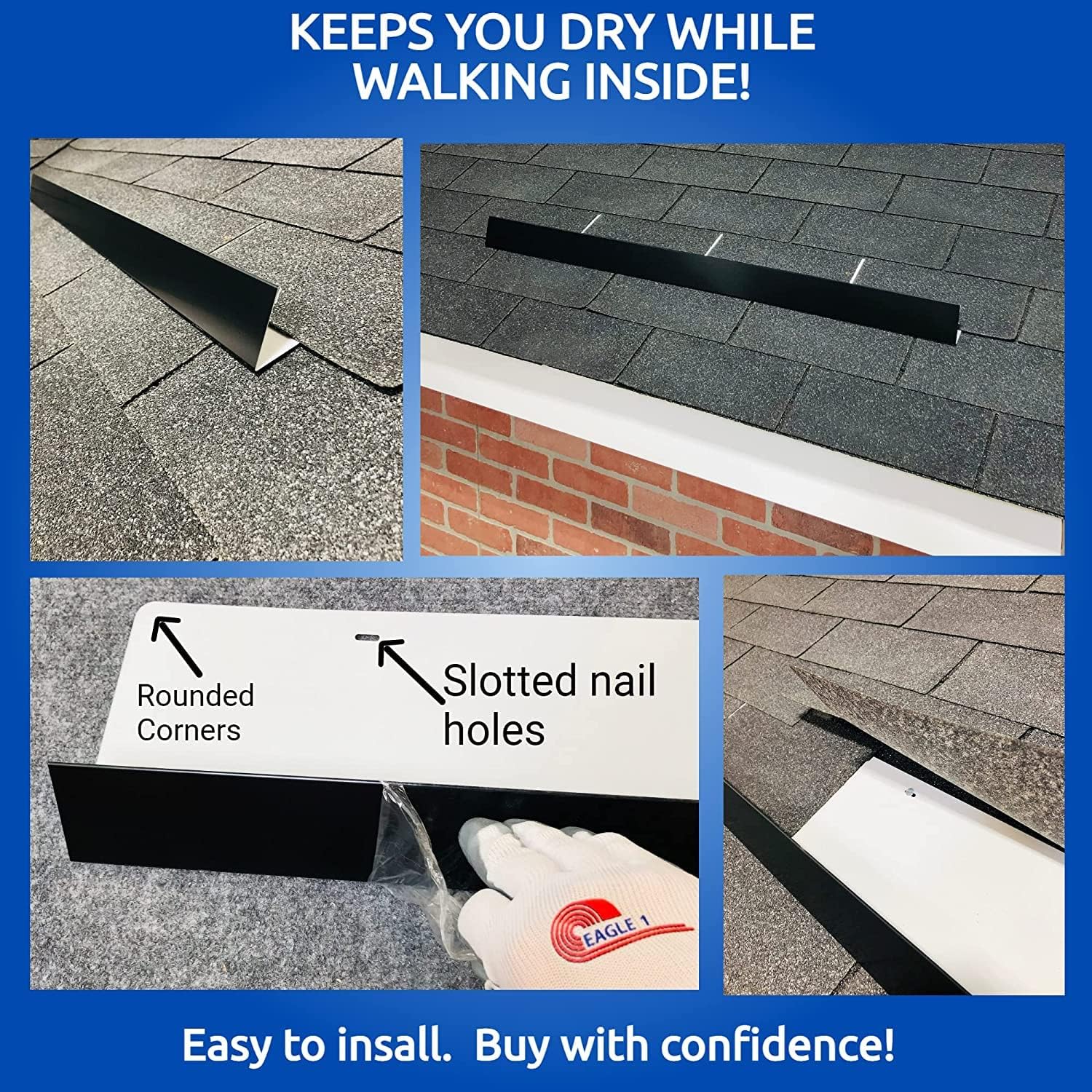 EAGLE 1- Shingle Roof Rain Diverter 40 Inches Long- 26 Gauge Material- Easy to Install- Includes Stainless Steel Nails (4, Black)