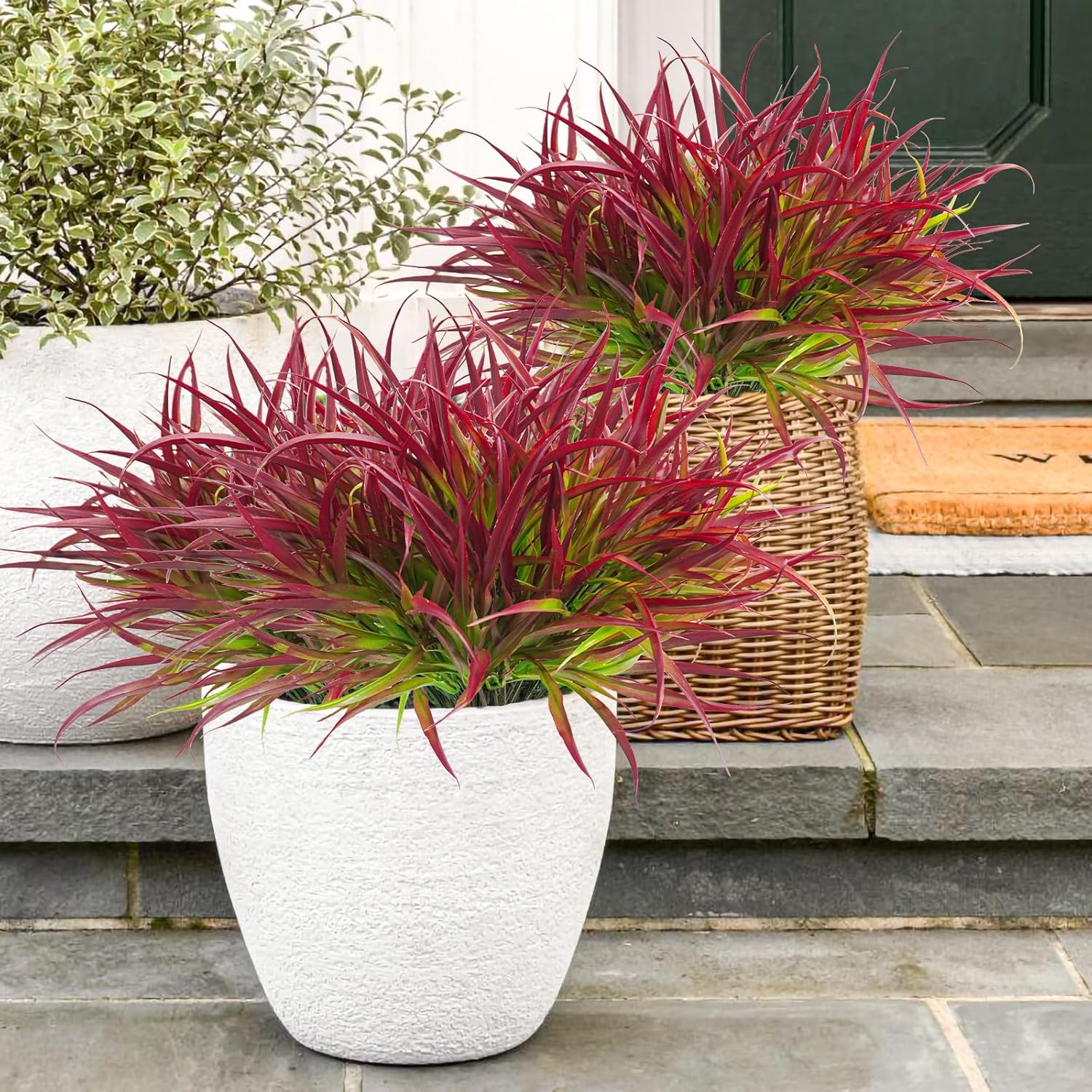 Uieke 12 Bundles Artificial Outdoor Plants UV Resistant Fake Grass Plants Faux Plastic Plants Greenery Shrubs for Home Garden Pathway Window Box Front Porch Spring Summer Decor, Deep Red