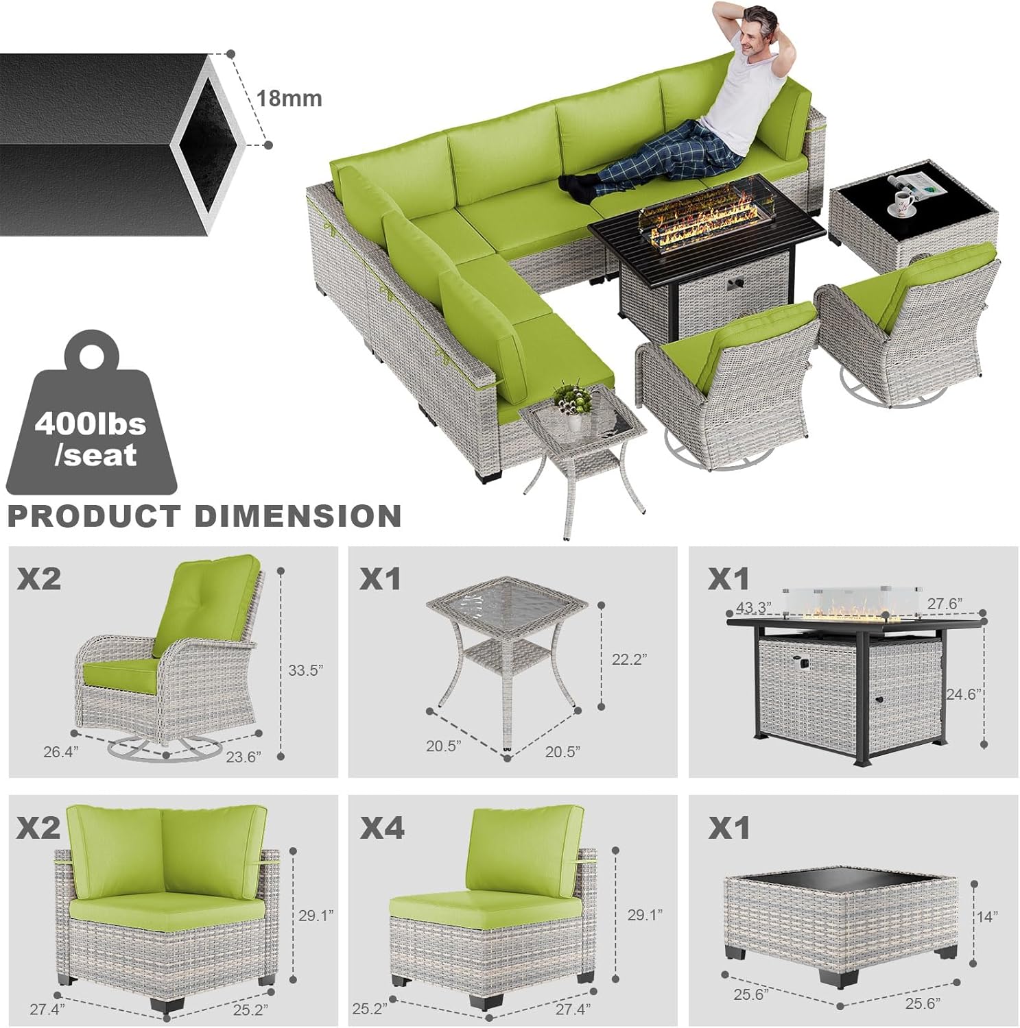 11-Piece Patio Furniture Set, Outdoor Patio Furniture with 55,000 BTU Fire Pit Table, Swivel Chairs Set, Thick Cushions, Modular Patio Sofa, Dual-Strand Rattan, Rust-Resistant Frame, Grass Green