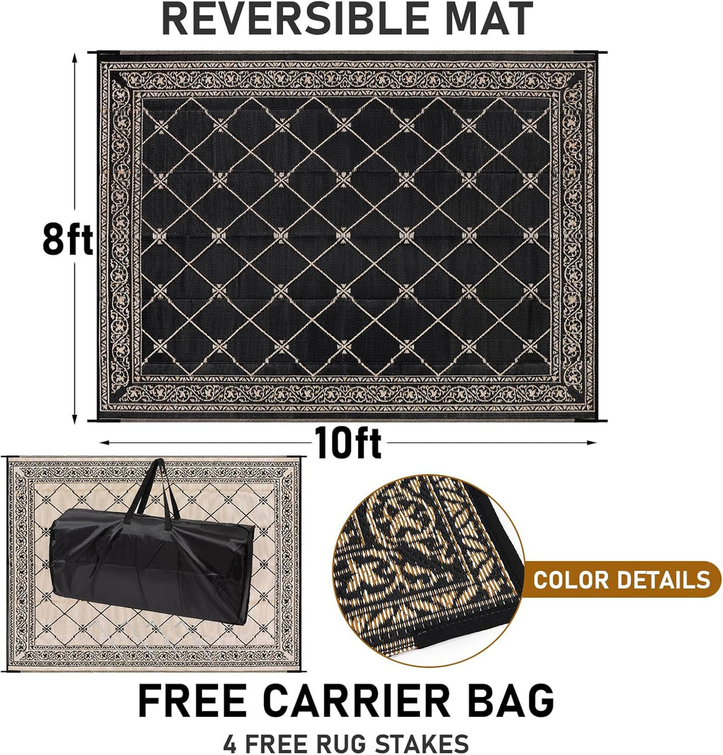 Outdoor Rug 8'x10' for Patios Waterproof Patio Rugs Outdoor Mats for Front Porch,Beach Mat,Reversible Plastic Straw Camping Rugs for Outside RV,Deck,Balcony,Backyard，Black&Beige