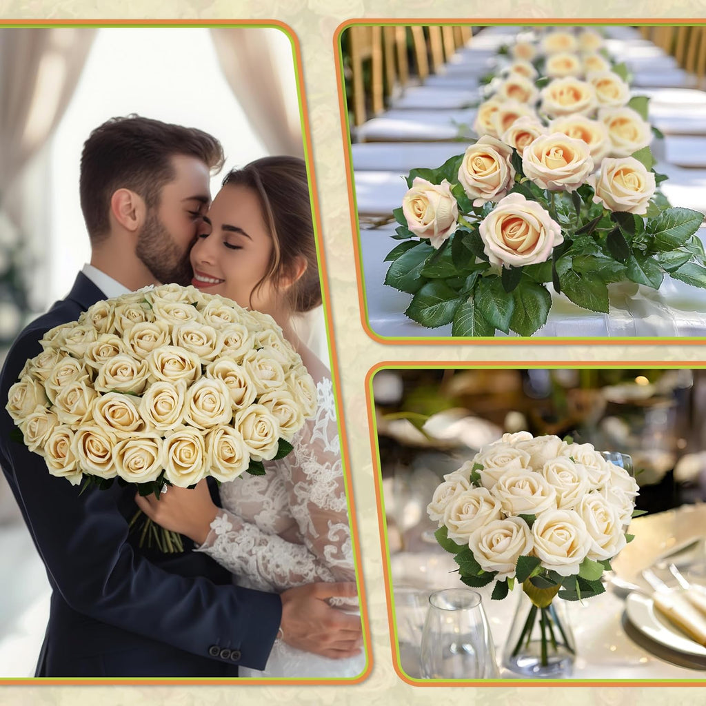 30 PCS Fake Champagne Roses, Artificial Flowers Bulk Realistic Silk Faux Rose with Stems for Wedding Decorations, Bridal Bouquets, Mother's Day Thanksgiving DIY Floral and Home Decor