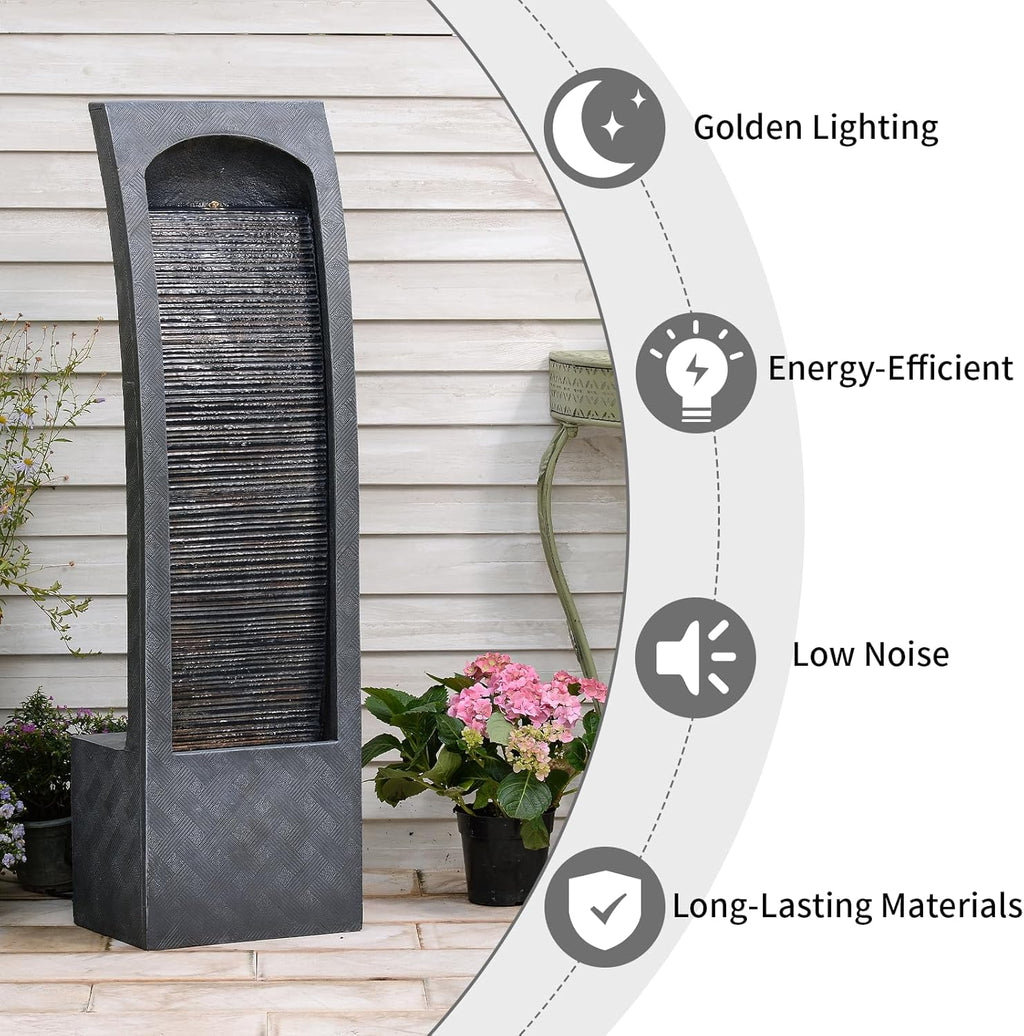 Indoor Water Fountain Curved Faux Slate Outdoor Waterfall Fountains Floor Standing Tiered Rock with LED Lights and Pump for Garden, Backyard, Deck, Patio, Porch and Home Art Decor