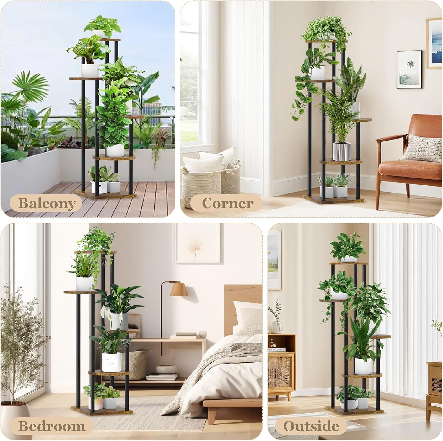 5 Tier Plant Stand Indoor, Metal Wooden Tall Plant Shelf Flower Pot Stand for Multiple Plants, Corner Flower Holder Plant Display Rack for Living Room Balcony Patio Garden (Rustic Brown)