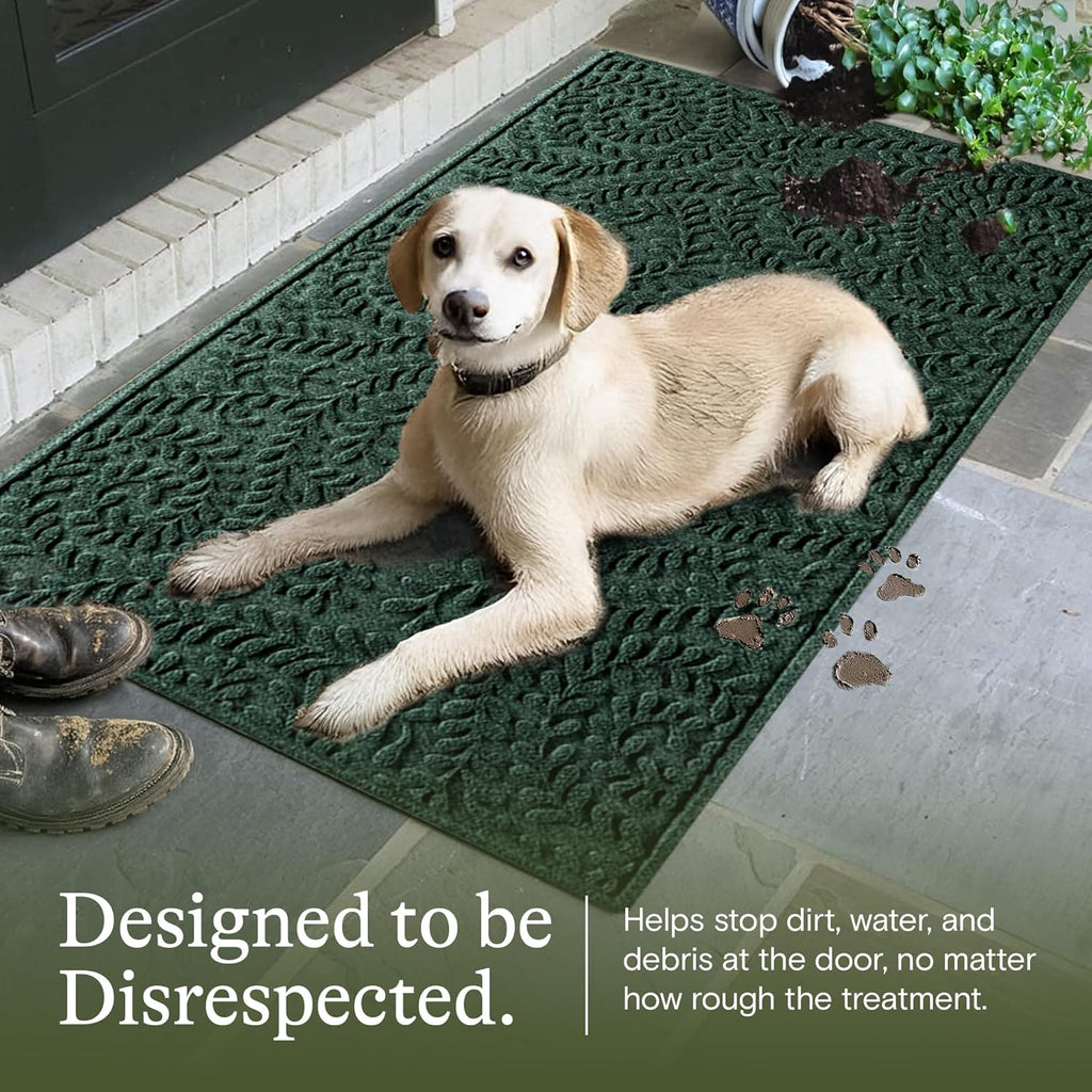 WaterHog Indoor/Outdoor Door Mat, 3' x 5', Made in USA, Durable & Skid-Resistant Front Door Rug, Decorative, Water-Trapping & Heavy-Duty Entryway Floor Mat For Your Home, Boxwood Collection, Evergreen