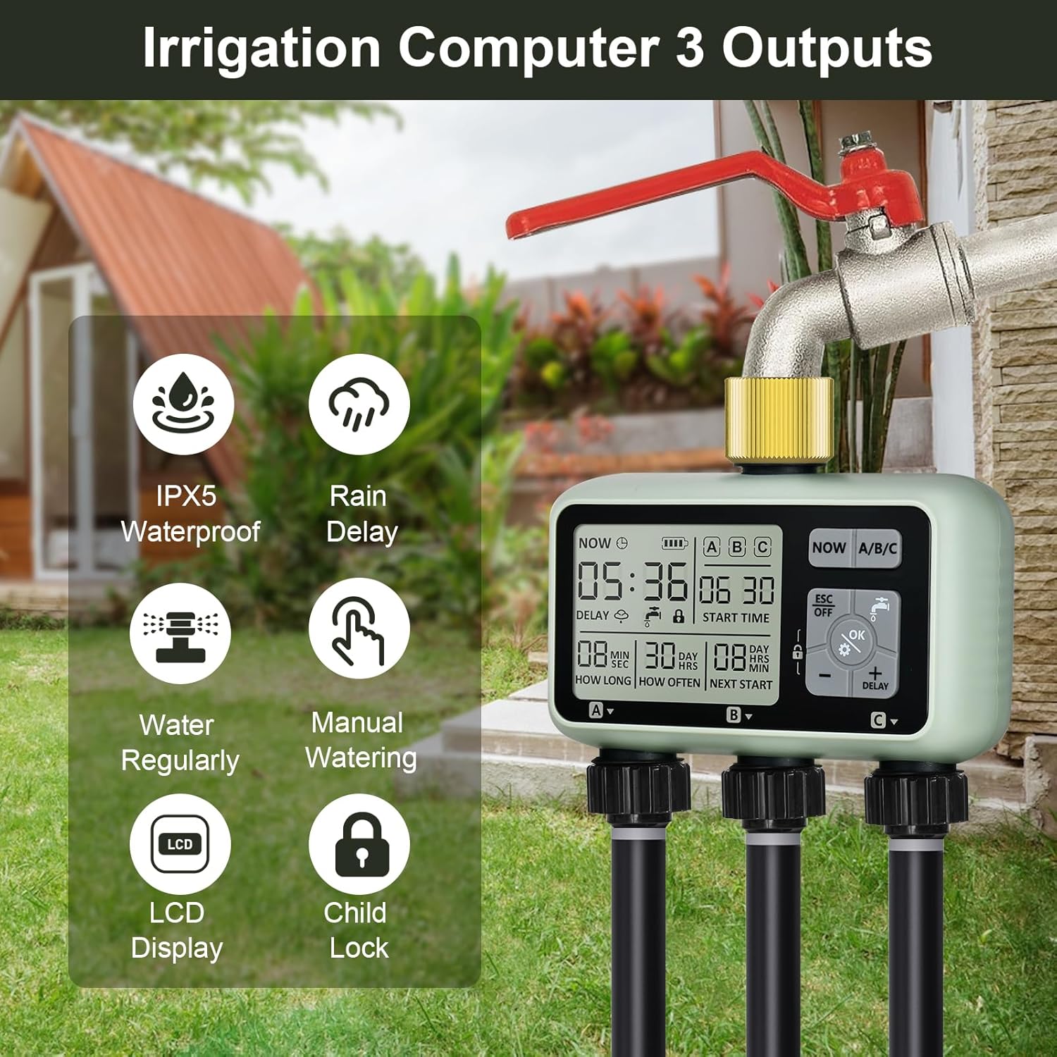 Watering Timer 3 Zone with Brass Inlet, Sprinkler Timer, Programmable Garden Outdoor Hose Faucet Timers with Rain Delay, Auto & Manual Watering System,Water Hose Irrigation Timers 3 Outlet for Garden