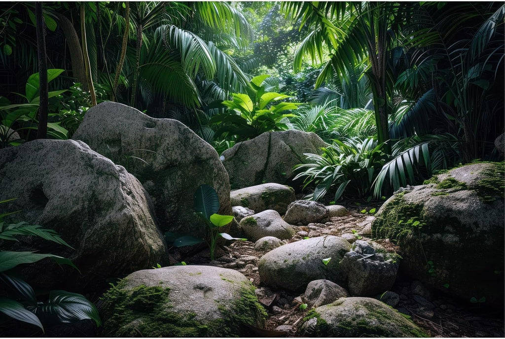 Reptile Habitat Backdrop Lush Tropical Plants and Rocks Terrarium Backdrop Dense Vegetation with Large Broad Leaves and Ferns Fish Tank Background Aquarium Wallpaper Poster Decor Vinyl 72x24in