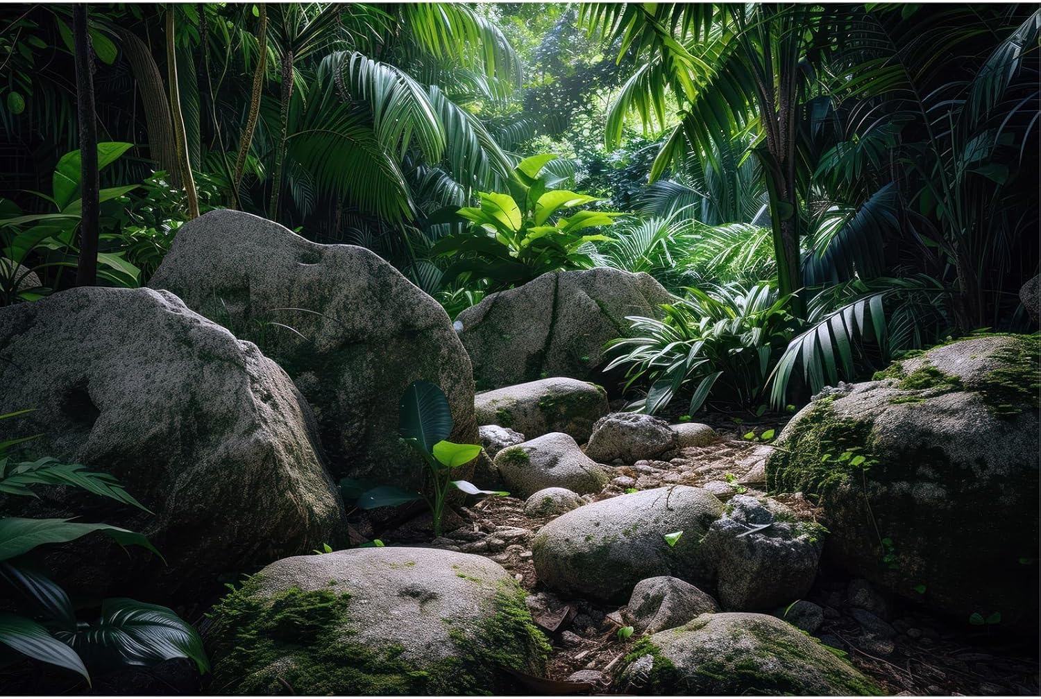 Reptile Habitat Backdrop Lush Tropical Plants and Rocks Terrarium Backdrop Dense Vegetation with Large Broad Leaves and Ferns Fish Tank Background Aquarium Wallpaper Poster Decor Vinyl 72x24in