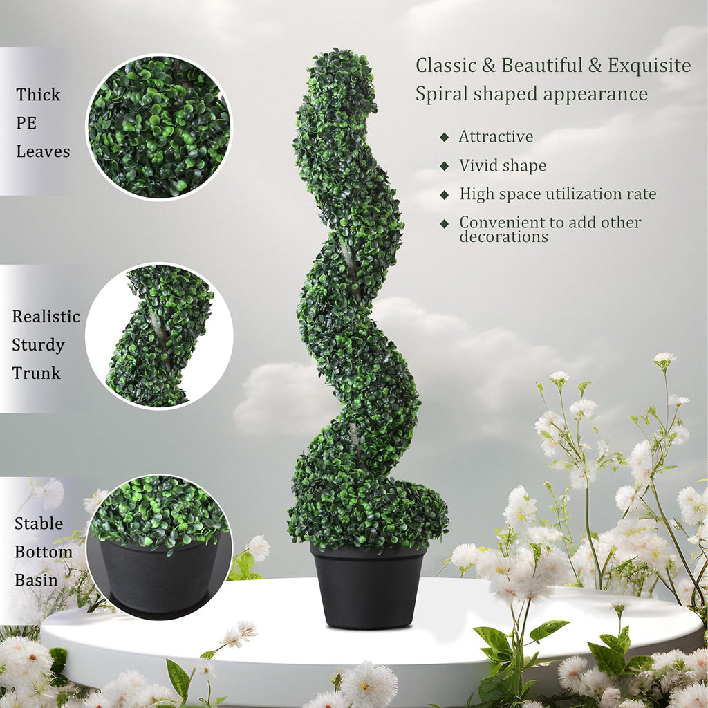39 inchBoxwood Artificial Cedar Spiral Topiary Trees – Decorative Fake Greenery in Planter Pots for Front Porch, Outdoor Walkway, Entryway Decorating, Set of 2
