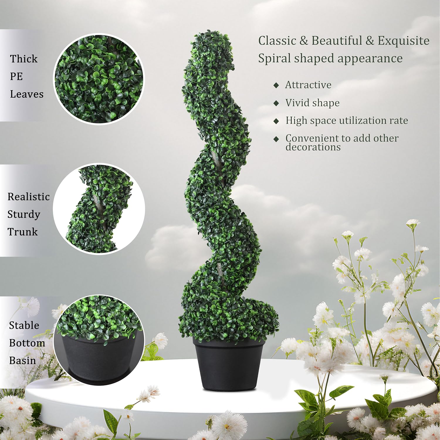 39 inchBoxwood Artificial Cedar Spiral Topiary Trees – Decorative Fake Greenery in Planter Pots for Front Porch, Outdoor Walkway, Entryway Decorating, Set of 2