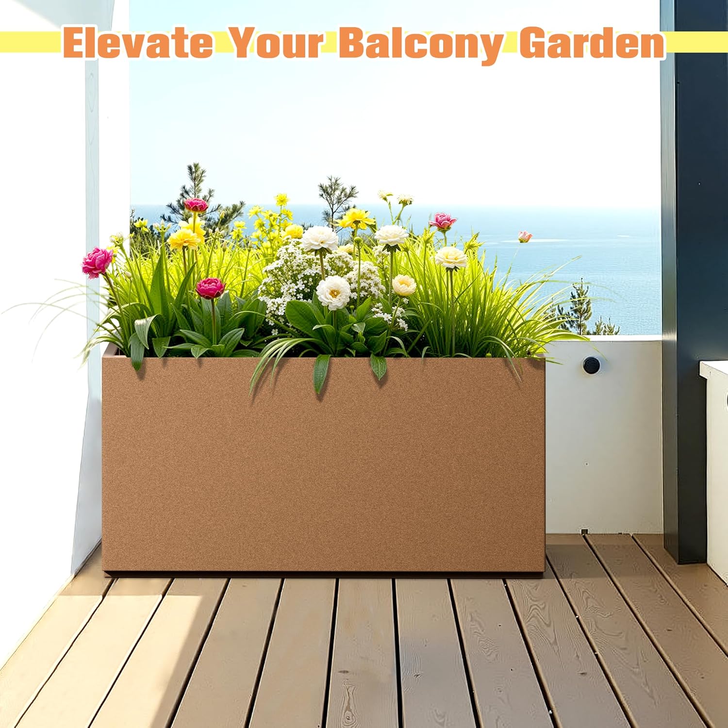 Rectangle Planter for Indoor & Outdoor, Tall and Long Planter Boxes with Drainage Holes, Mental Planter Box All-Weather Use for Plants, Flowers, 32" L x 10" W x 16.3" H, Brown