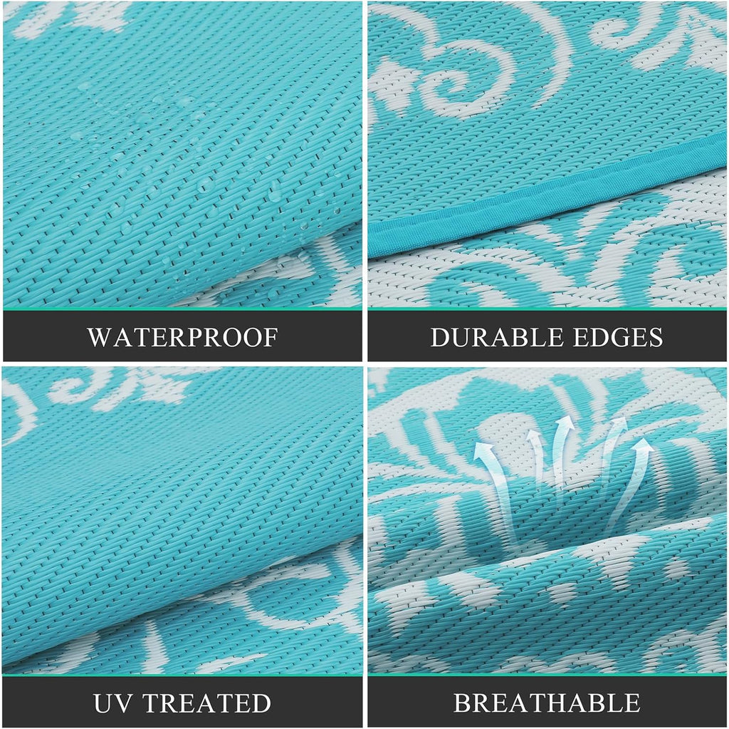 Pauwer Waterproof Outdoor Rug 8x10, Reversible Plastic Straw Patio Camping Rug, Indoor Outdoor RV Mat Carpet for Deck, Camper, Porch, Balcony, Backyard, Picnic, Floral Teal