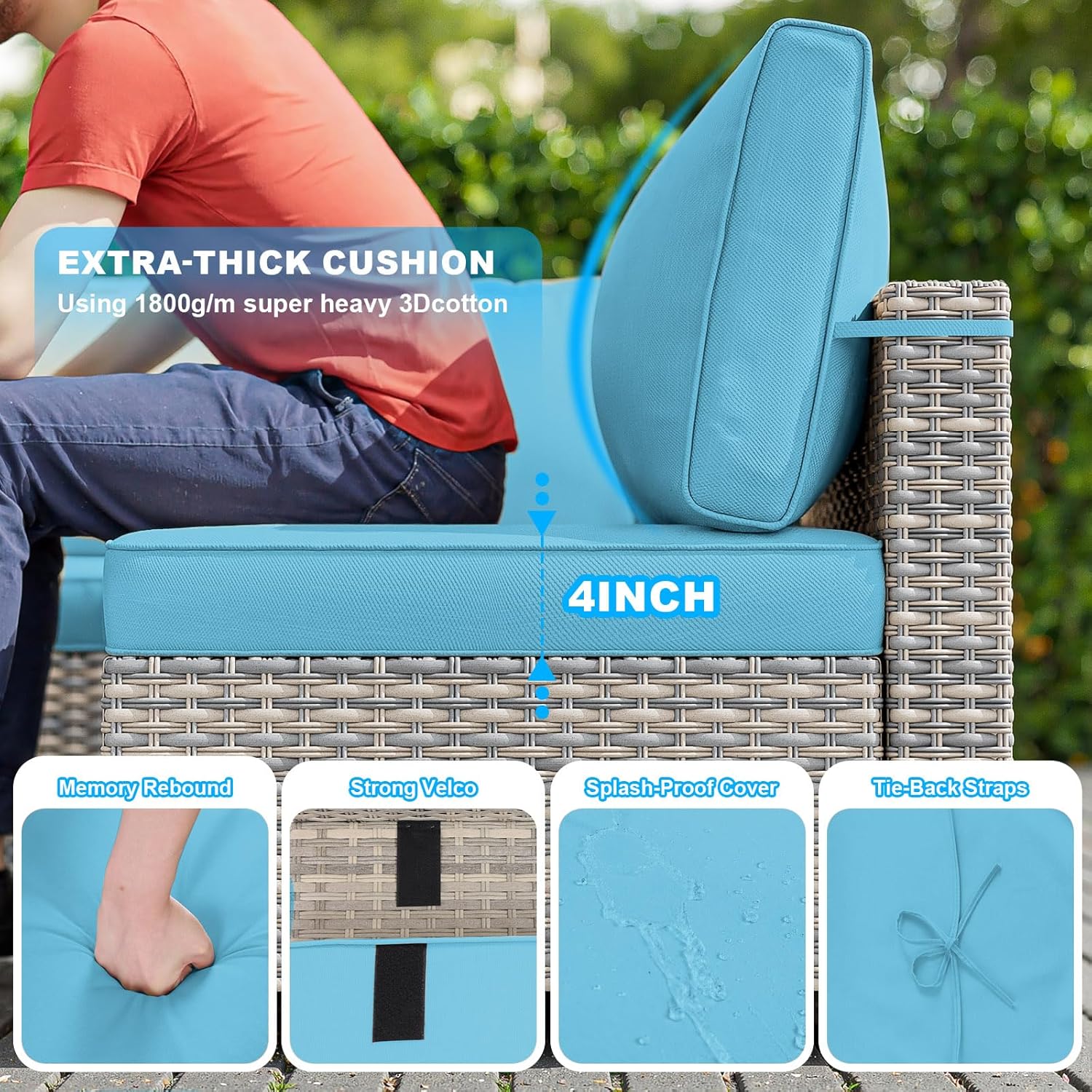 18-Piece Patio Furniture Set, Outdoor Patio Furniture with 55,000 BTU Fire Pit Table, Swivel Chairs Set, Thick Cushions, Modular Patio Sofa, Dual-Strand Wicker Rattan, Rust-Resistant Frame,Lake Blue