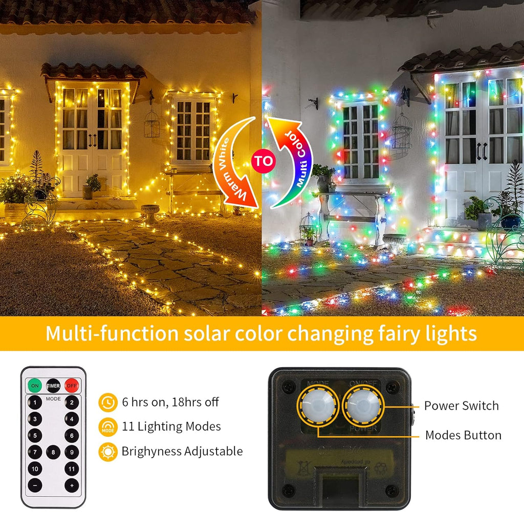 JMEXSUSS 2 Pack Solar Christmas Lights Outdoor Waterproof, 100 LED 33ft Warm White and Multicolor Color Changing Solar Fairy Lights, Copper Wire Solar String Lights for Outside Christmas Decorations