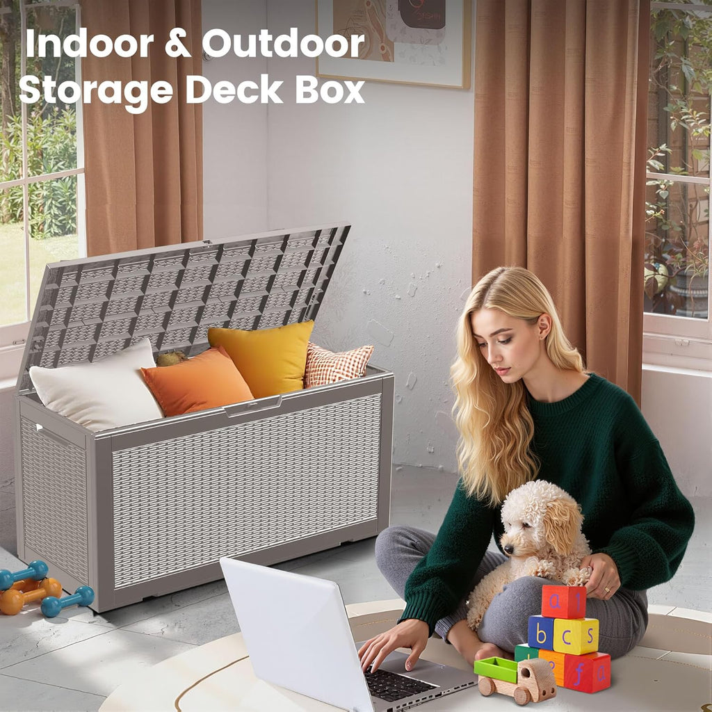 100 Gallon Storage Box, Waterproof Resin Deck Box with Hydraulic Piston Design, Lockable Storage Bench for Package Delivery, Storage Bin for Patio Cushions, Garden Tools, Grey
