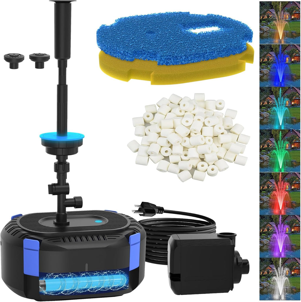 AquaMiracle All-in-1 Pond Fountain Kit 550GPH with 3-Spray Patterns Pond Filters System for Outdoor Ponds with Auto-Color LED & U - V Light to Clean Green Water Fountain Pump for 200-500 Gallon Ponds