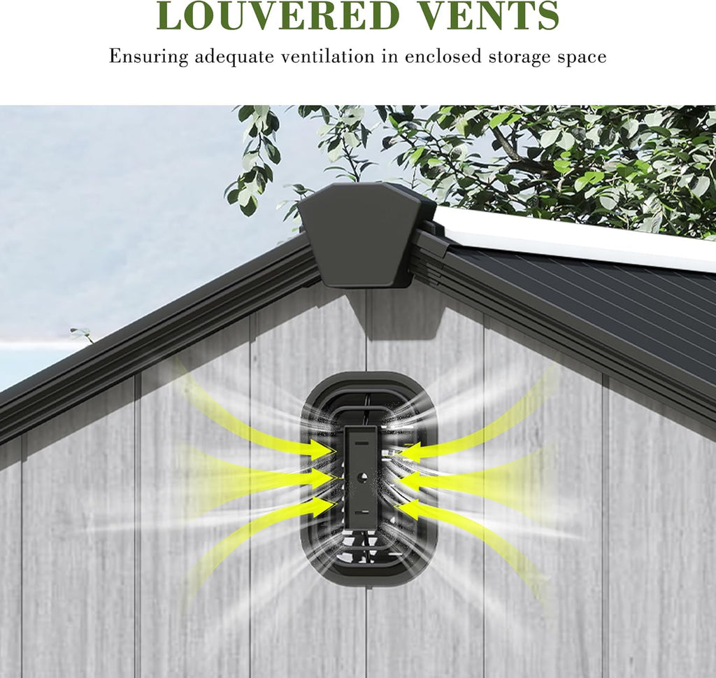 Domi 8x12FT Outdoor Resin Storage Shed with Transparent Windows & Louvered Vents, Plastic Tool Shed with Double Lockable Doors & Gable Roof, Outside Garden Shed for Backyard, Patio, Lawn, Grey