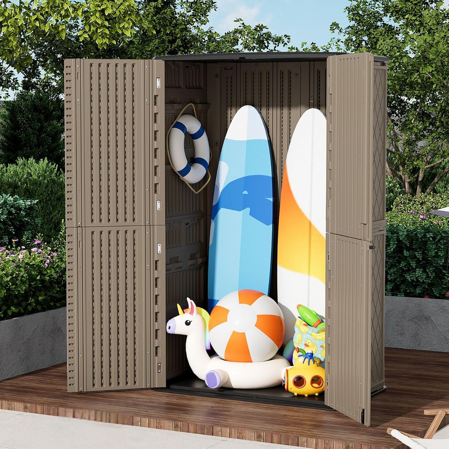 ZZM Large 67 Cu.ft Waterproof Storage Shed, Outdoor Storage Cabinet，Durable Resin Storage for Patio Furniture, Garden Tools, Pool Accessories, Mower Storage (Coffee)