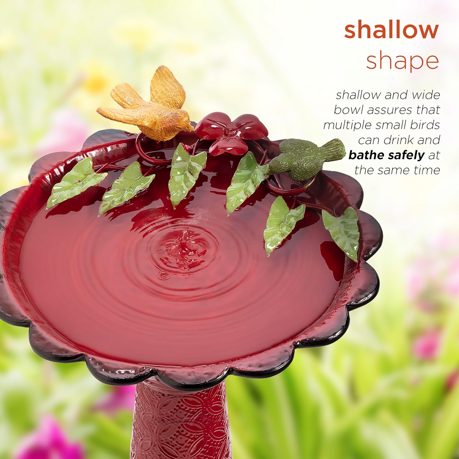 Alpine Corporation - 28" Tall Outdoor Metal Birdbath with Birds and Leaves Yard Statue Decoration, Red – Stunning Garden Accent to Attract Birds - Durable Construction for Patio, Deck, or Yard