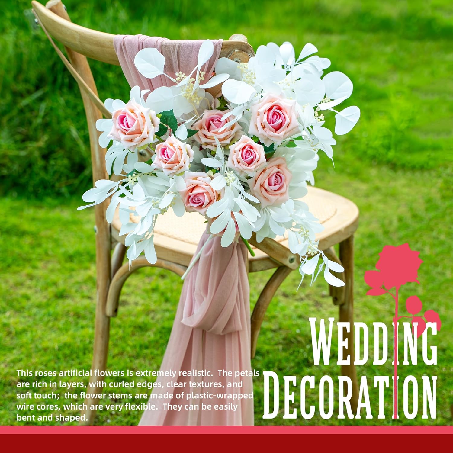 Fake Roses Faux Flowers Silk Roses Artificial Roses with Stems Realistic Artificial Flowers 16.5In Suitable for Indoor Home Decoration DIY Bouquet Wedding Decor Party Decor (12PCS, Pink)