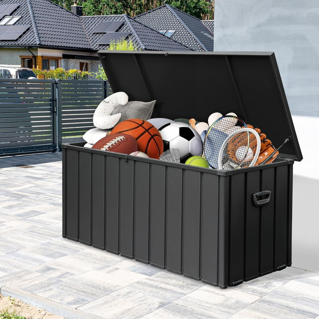 Metal Outdoor Storage Box, 150 Gallon Waterproof Deck Box for Patio Cushion, Outside Storage Cabinet Rust/UV Resistant, Lockable Garden Tool Storage Bin for Porch Package Delivery, Grey